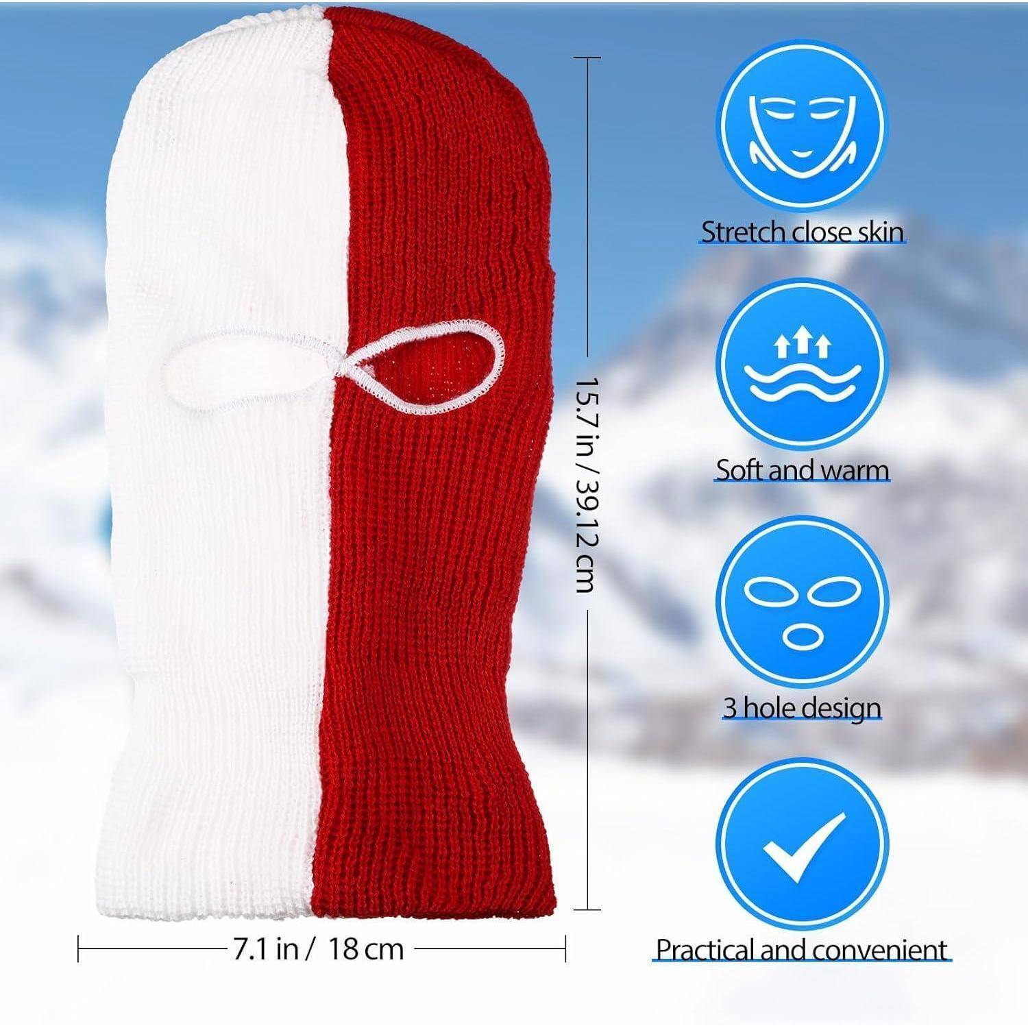 Rot-weiße Strickmütze zum Skifahren mit drei Löchern, 15,7 cm hoch und 7,1 cm breit, mit Symbolen für dehnbare enge Passform, weich und warm sowie praktische Bequemlichkeit.