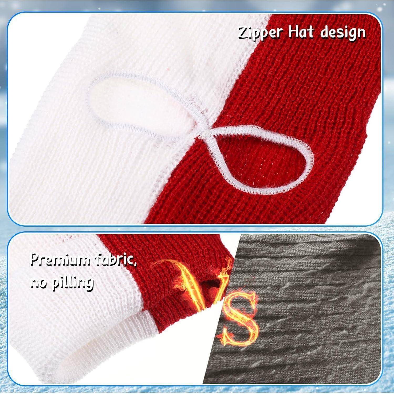 Gestrickte rot-weiße Reißverschlussmütze im Design gezeigt in Nahaufnahme, mit Notizen „Premium-Stoff, keine Pilling" und einem Vergleich der Stofftextur.
