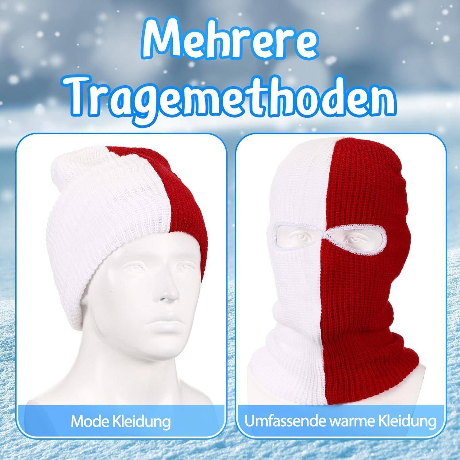 Vergleichsgrafik mit dem Titel „Mehrere Tragemethoden" zeigt zwei Tragearten einer gestrickten Sturmhaube: links als lockere Modehut, rechts als vollständige wärmende Gesichtsbedeckung.