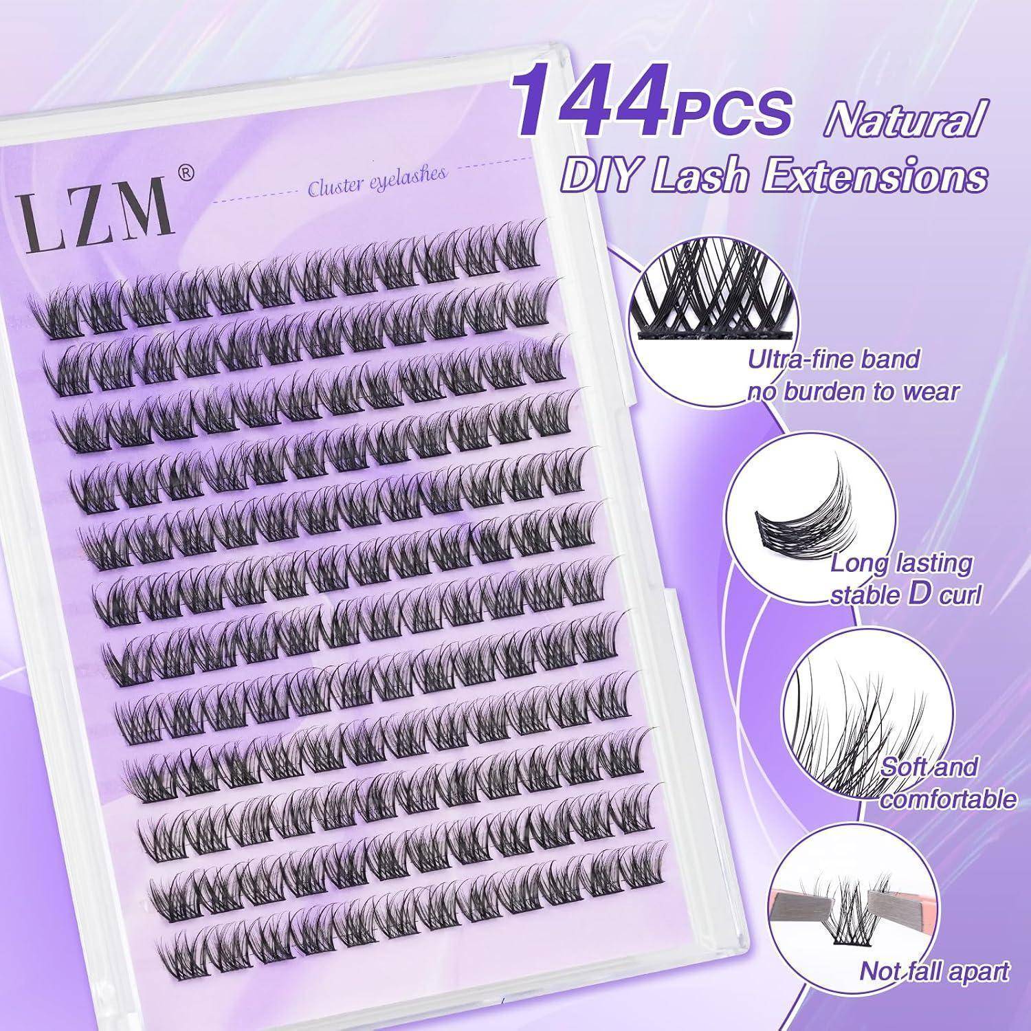 LZM Wimpern Extensions Cluster Lashes D Curl Wimpern Einzeln (GS49-D-10) | Lash Clusters Natürlich 144pcs 10mm Dünnes Band Cluster Lashes Natürlich
