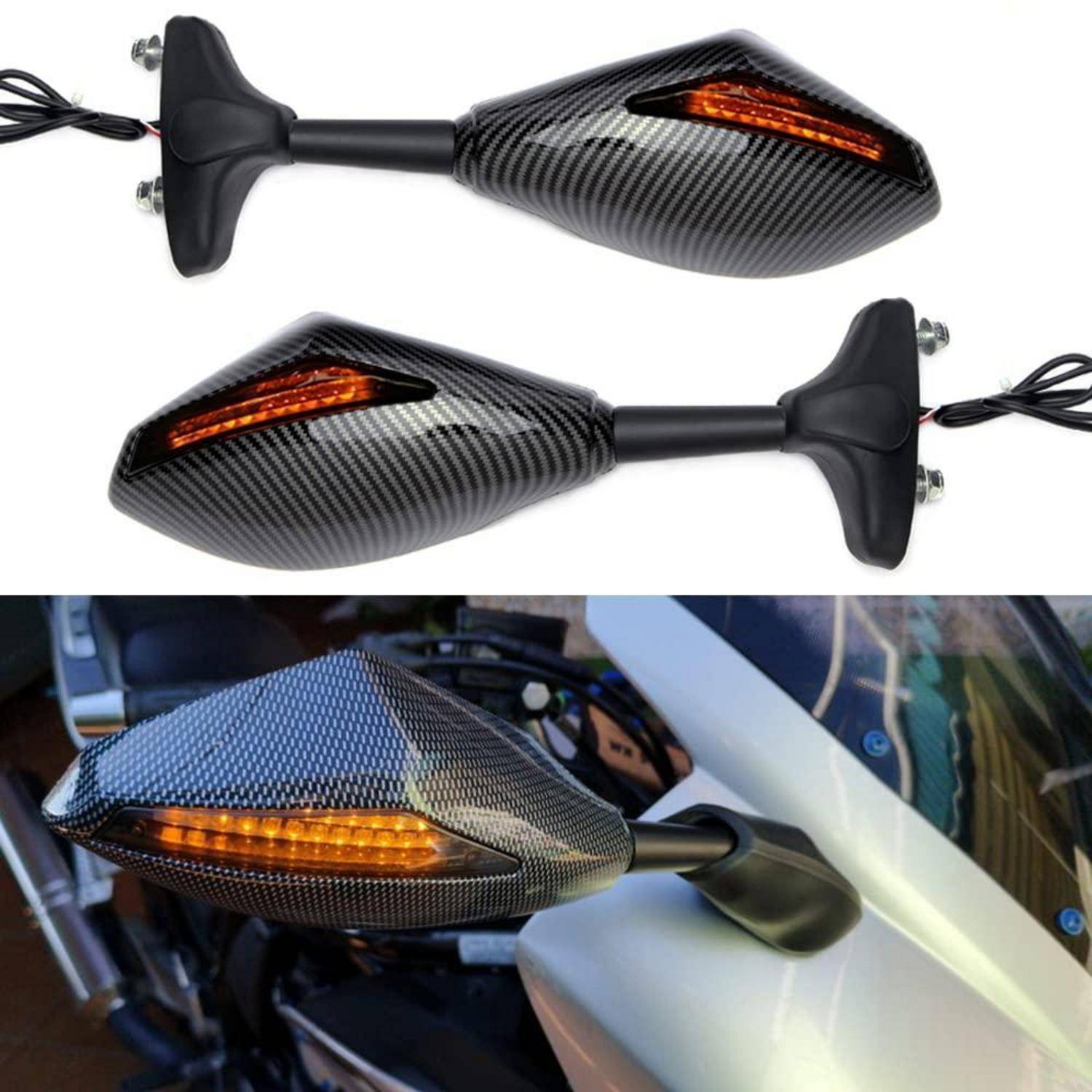 Paar Carbon-Faser-Motorrad-Seitenspiegel mit integrierten bernsteinfarbenen Blinkern, auf weißem Hintergrund gezeigt und an einem Motorrad montiert.
