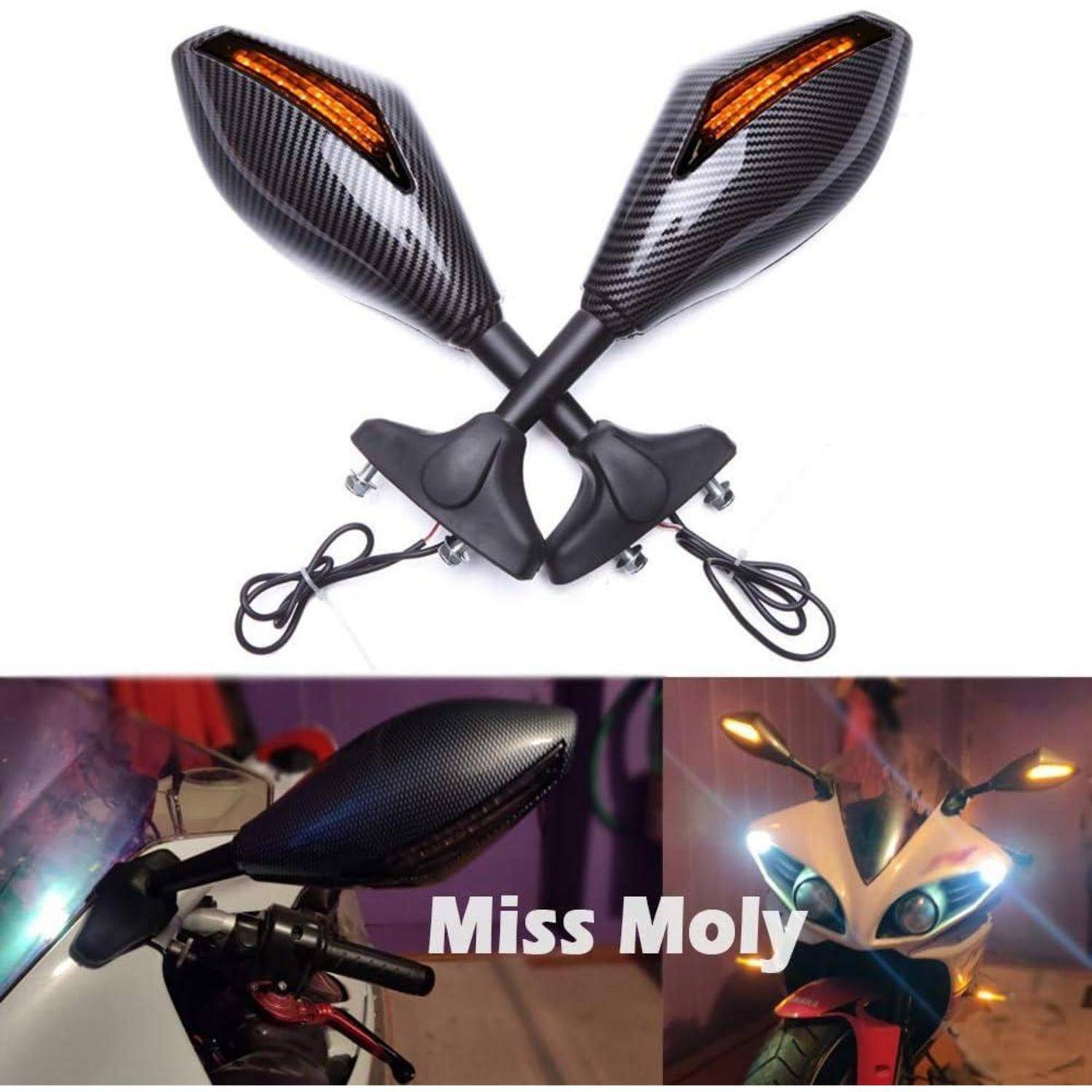 Paar Kohlefaser-Motorradmirror mit bernsteinfarbenen Blinkern; untere Bilder zeigen sie auf einem Motorrad montiert, Marke „Miss Moly