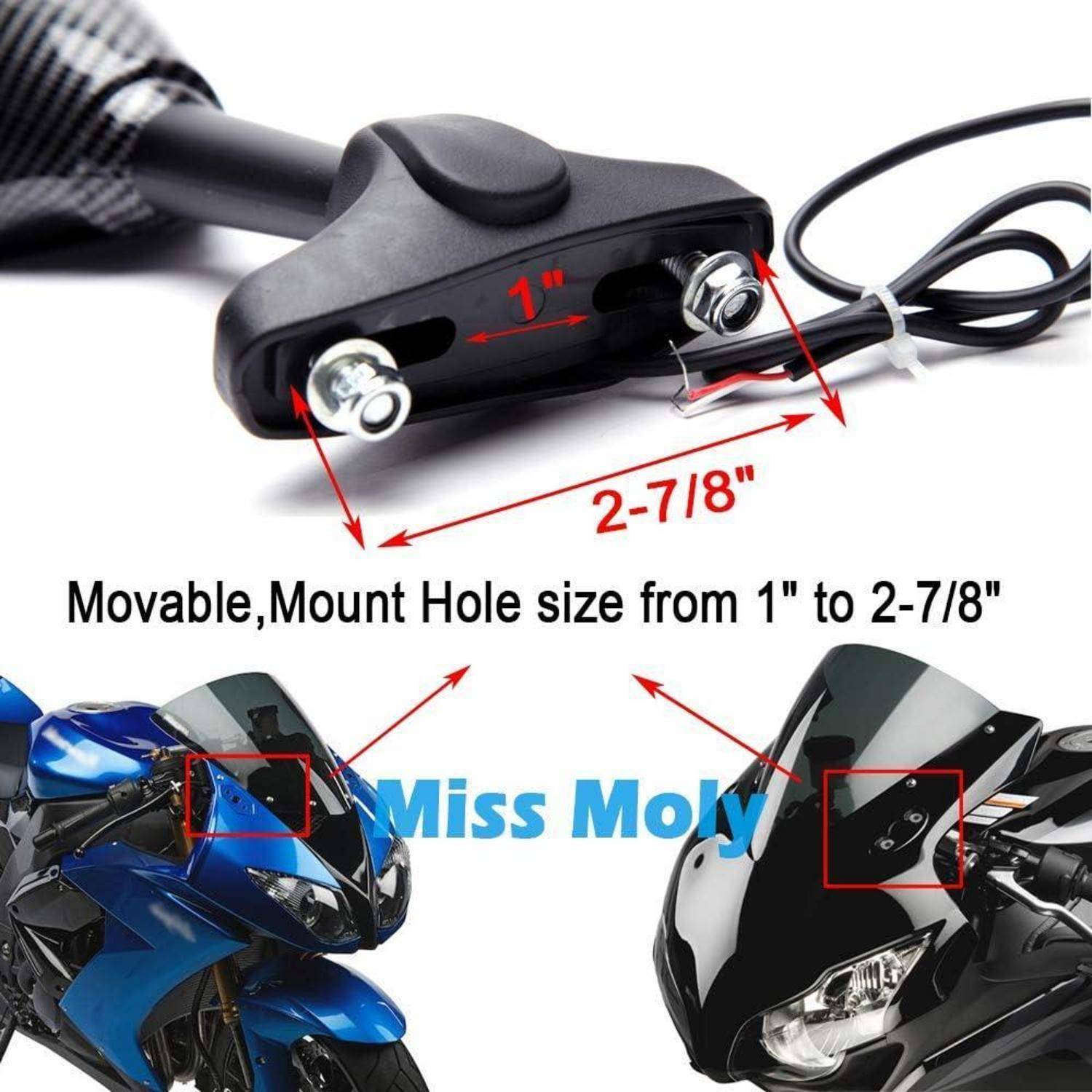 Motorrad-Spiegelhalterung mit verstellbarem Lochabstand von 1 bis 2-7/8 Zoll, gezeigt auf blauen und schwarzen Motorrädern mit gekennzeichneten Befestigungspunkten.