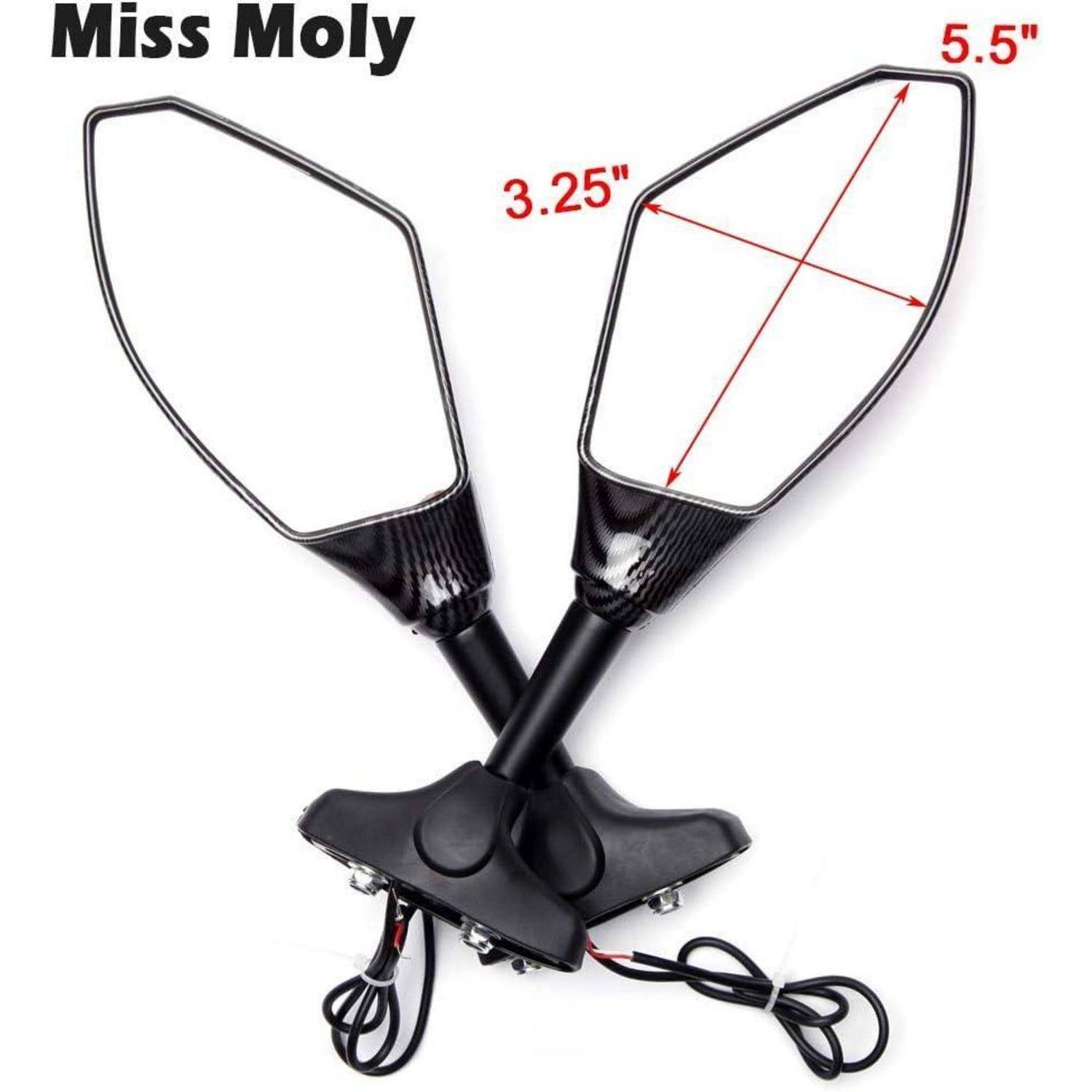 Produktbild von 'Miss Moly' Motorrad-Spiegelverländerungen, das ein Paar schwarzer, tropfenförmiger Spiegel mit Abmessungen von 5,5