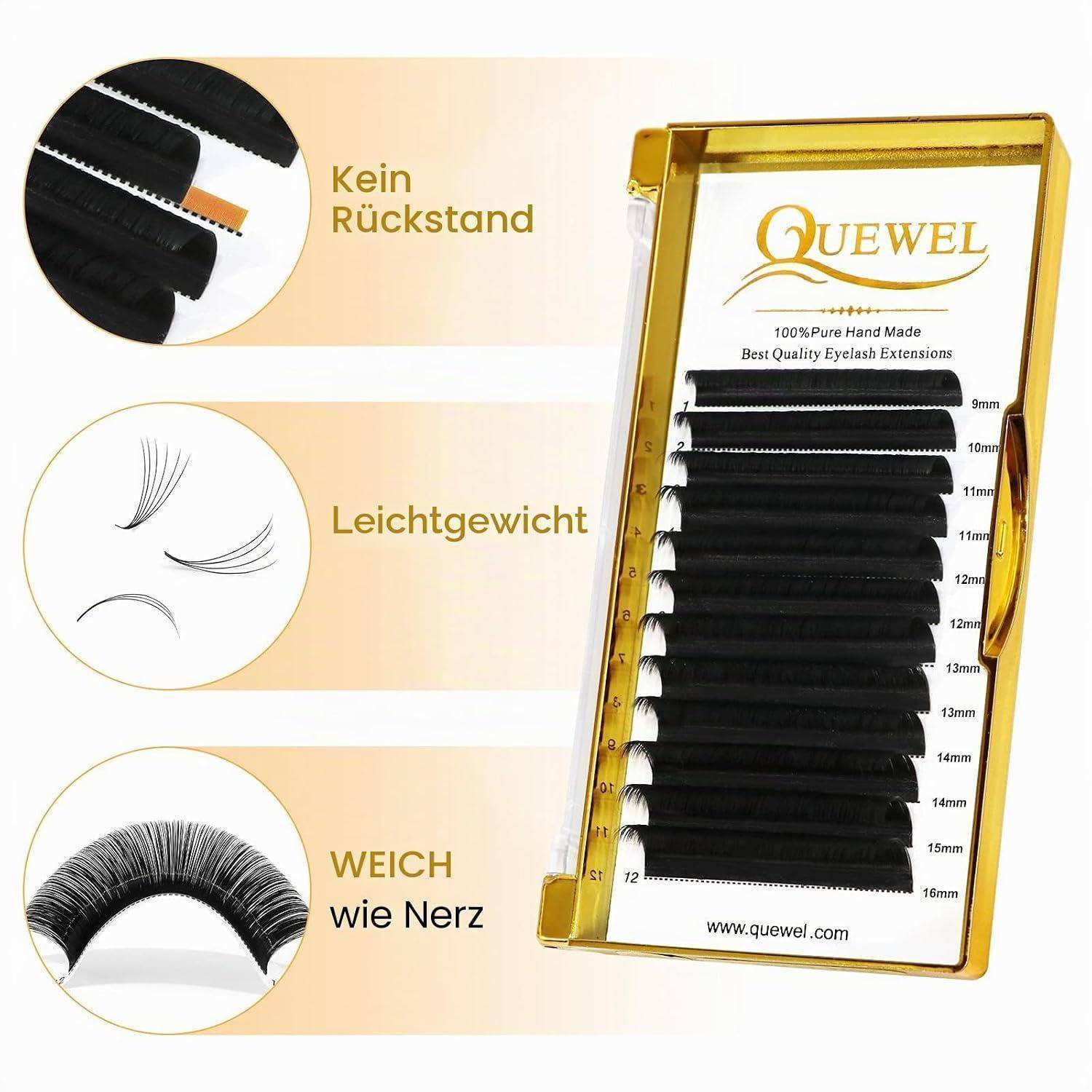 Tablett für Wimpernverlängerungen in Gold mit schwarzen Wimpernstreifen, beschriftet von 9 mm bis 16 mm, daneben deutsche Hinweise: 'Kein Rückstand', 'Leichtgewicht' und 'WEICH wie Nerz'.