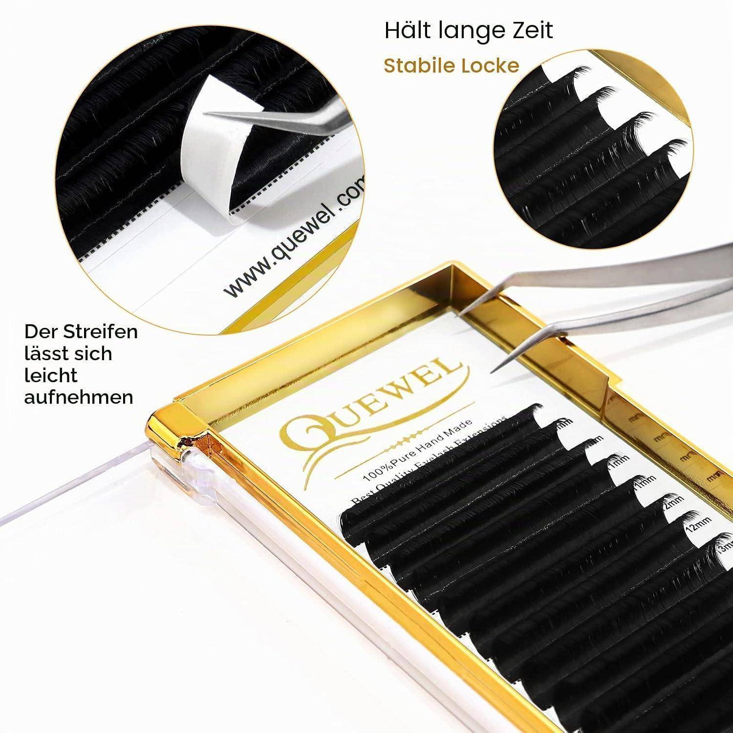 # Goldene Wimpernpalette mit Pinzette, die einen schwarzen Wimpernstreifen entfernt; deutscher Text besagt, dass der Streifen leicht abgeht und lange, stabile Locken hält.