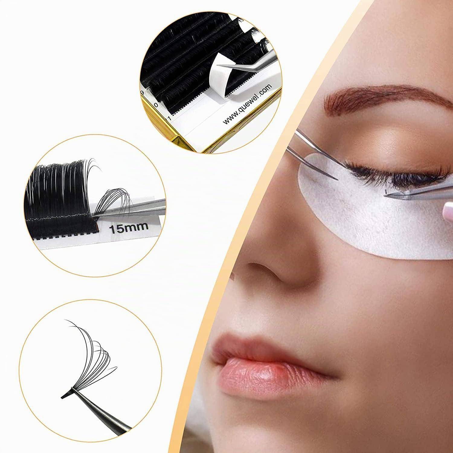 Nahaufnahme einer Frau, die Wimpernverlängerungen erhält, mit eingeblendeten Diagrammen, die den Wimpernstreifen, die Länge von 15 mm und das fächerförmige Wimpernbündel zeigen.