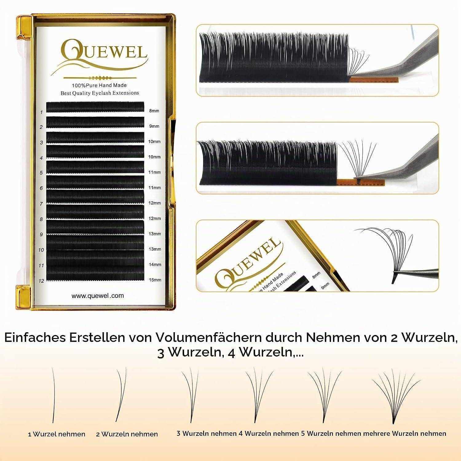 QUEWEL Volumen Wimpern Selbstfächernde 0.05 Stärke D Curl 9-16mm Volumenverlängerung Easy Fan Lashes für Volumentechnik Extensions (0.05-D-MIX9-16