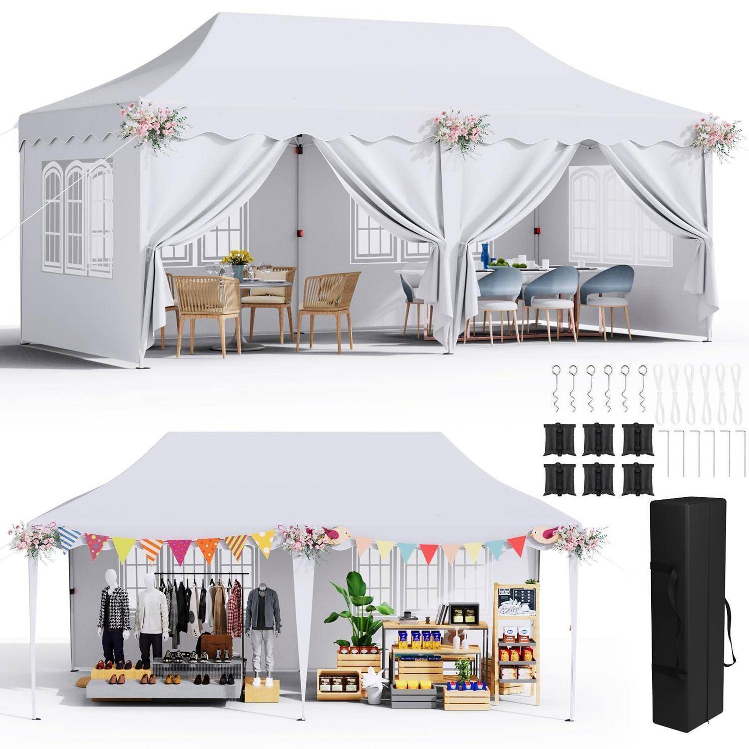 Pavillon 3x6 mit 6 Seitenwänden, Faltpavillon 3x6 Wasserdicht Stabil Winterfest, Faltbar Partyzelt 3 x 6, Anti-UV 50+ Gartenpavillon, 6 PCS Sandsack