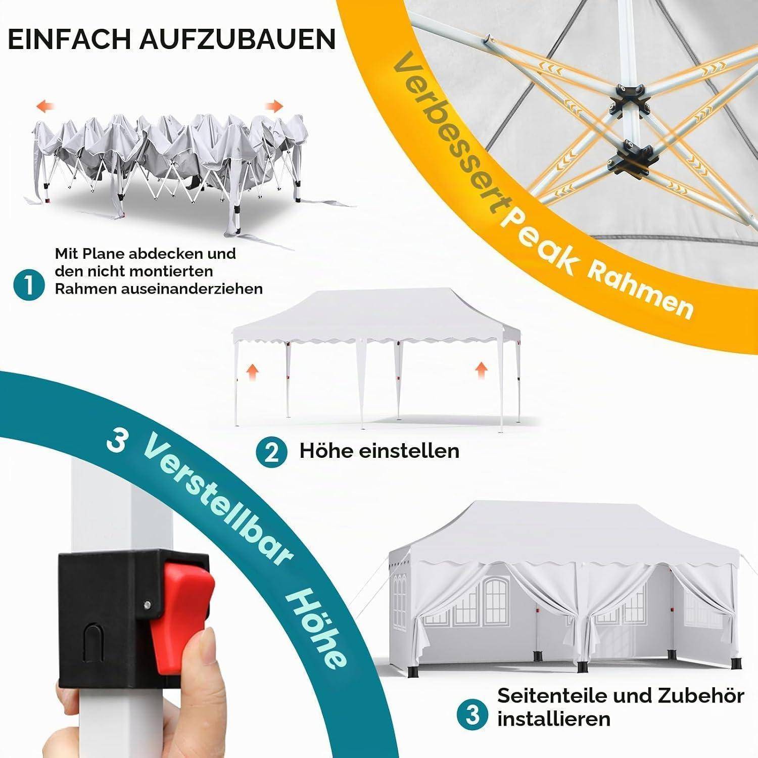 Pavillon 3x6 mit 6 Seitenwänden, Faltpavillon 3x6 Wasserdicht Stabil Winterfest, Faltbar Partyzelt 3 x 6, Anti-UV 50+ Gartenpavillon, 6 PCS Sandsack