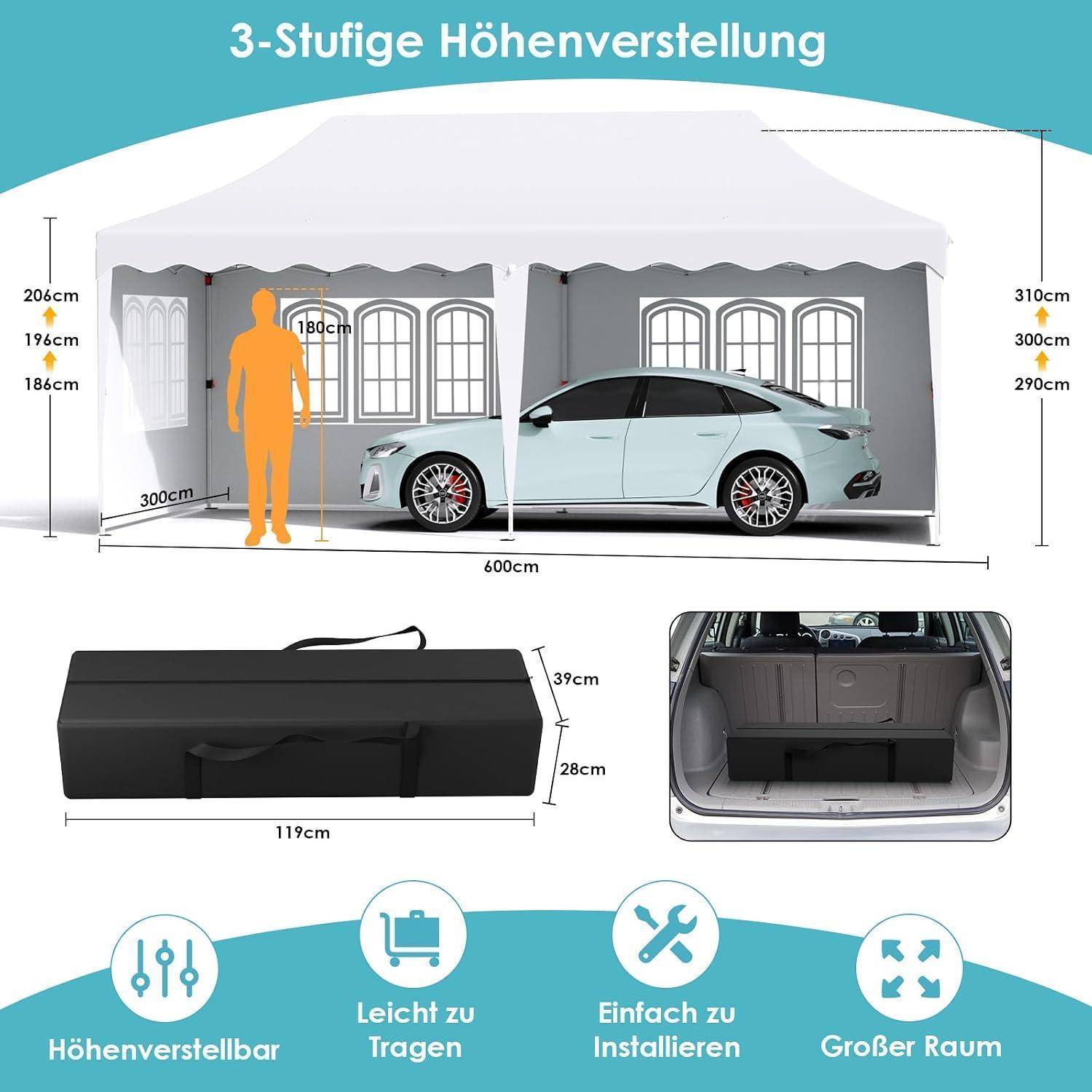 Pavillon 3x6 mit 6 Seitenwänden, Faltpavillon 3x6 Wasserdicht Stabil Winterfest, Faltbar Partyzelt 3 x 6, Anti-UV 50+ Gartenpavillon, 6 PCS Sandsack