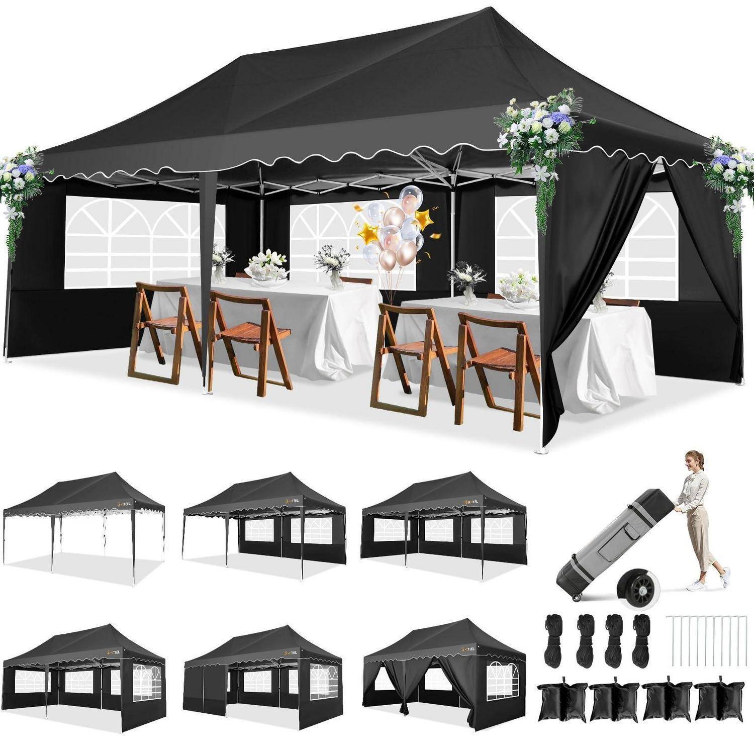Schwarzes Pop-up-Eventzelt, gezeigt in mehreren Ansichten, mit Blumenbordüre, Vorhängen, Tischen und Stühlen, plus Tragetasche, Rollen und Zubehör inbegriffen.