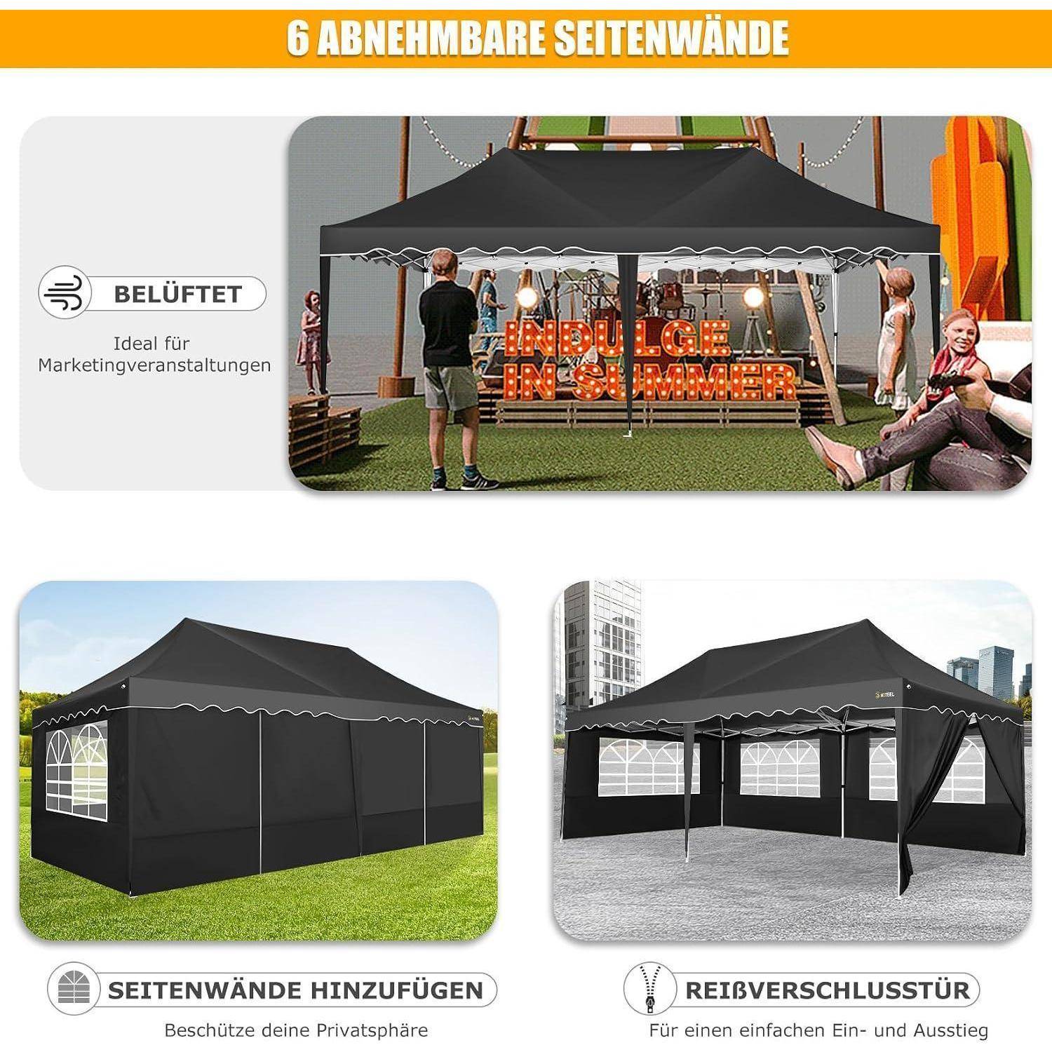 Werbegrafik für ein schwarzes Pop-Up-Zelt mit 6 abnehmbaren Seitenwänden, das belüftet ist, mit optionalen Seitenwänden und einer Reißverschlusstür für Veranstaltungen.