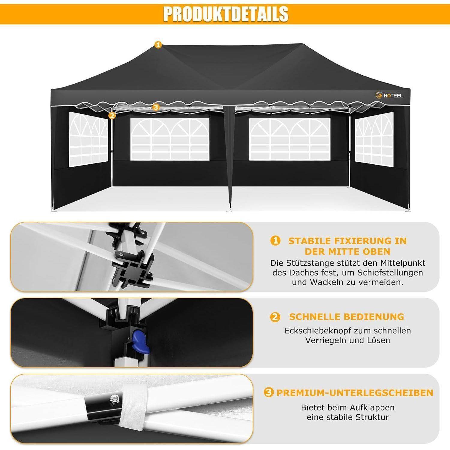 Produktdetail-Grafik eines schwarzen Pop-Up-Markisenzelt mit drei Funktionshinweisen: Stabiler Mitteltop-Träger, schnelles Verriegelungseckenschieber und hochwertige Unterlegscheiben für Stabilität.