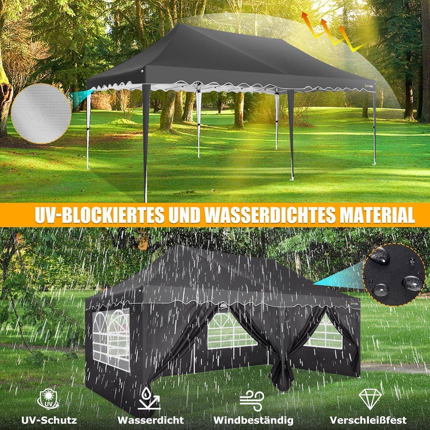 Werbebild eines schwarzen Pop-up-Zeltdachs in einem Park, dargestellt als UV-blockierend und wasserdicht, mit Beschriftungen, die UV-Schutz, Wasserbeständigkeit, Windbeständigkeit und Haltbarkeit angeben.