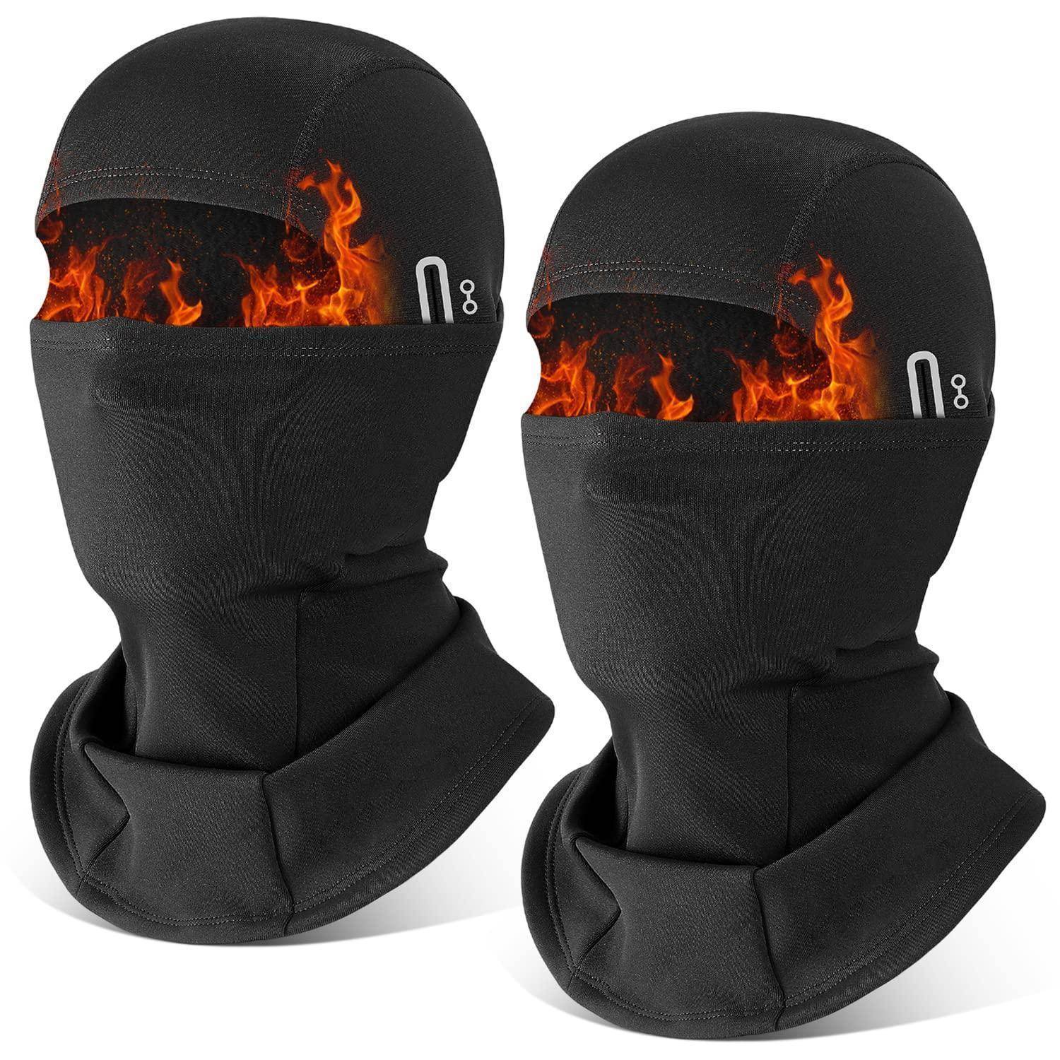 Zwei schwarze Sturmhauben mit Flammenmuster nebeneinander auf weißem Hintergrund angezeigt.