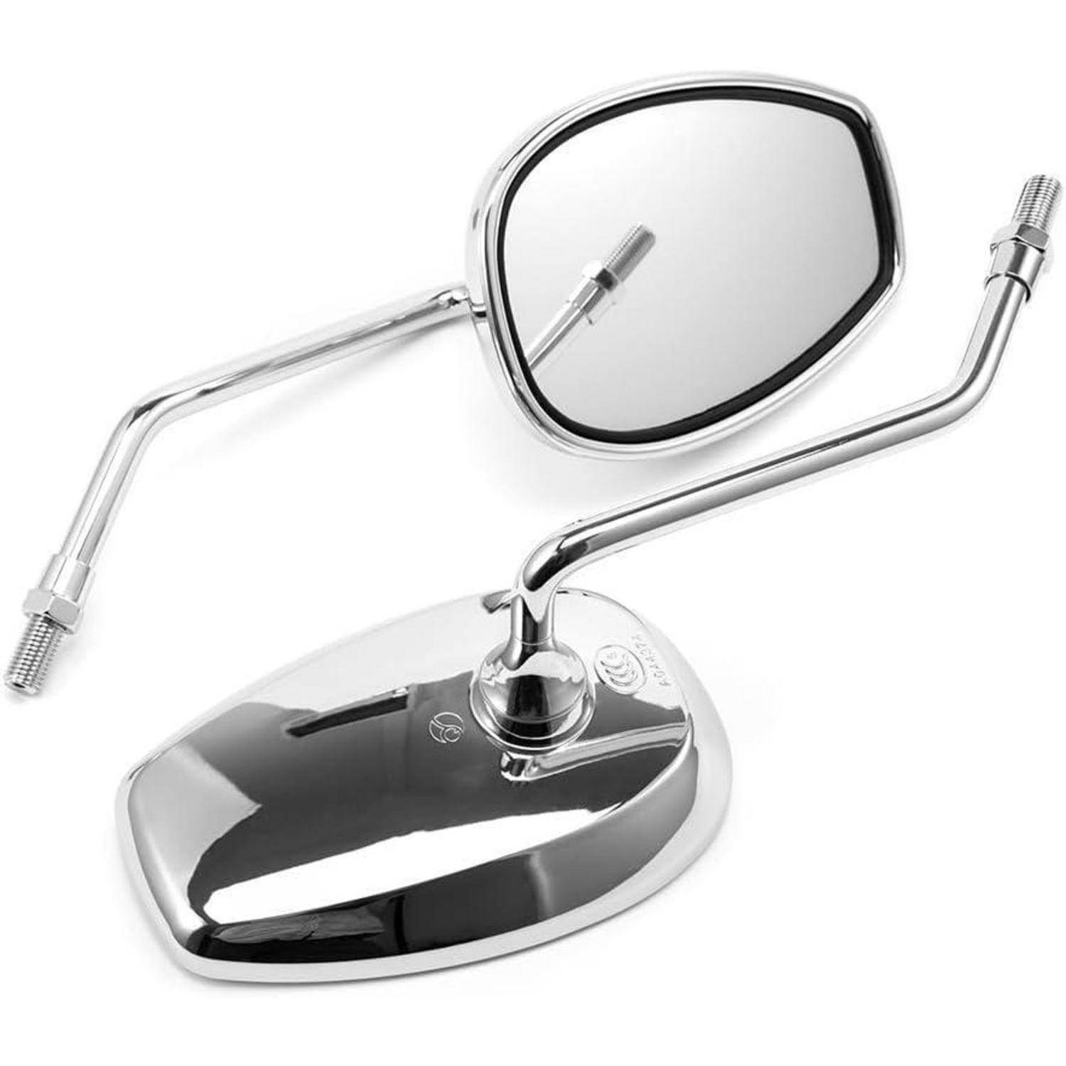 Chrom-Motorrad-Rückspiegel mit Befestigungsstiel und reflektierendem Glas auf weißem Hintergrund.