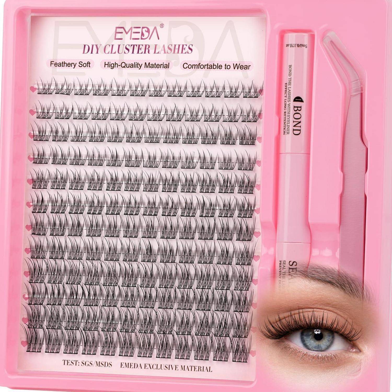 Rosa EMEDA DIY Cluster-Wimpern-Set mit Klebstoff und Applikator, dargestellt neben einem Modell-Auge, das lange künstliche Wimpern trägt.