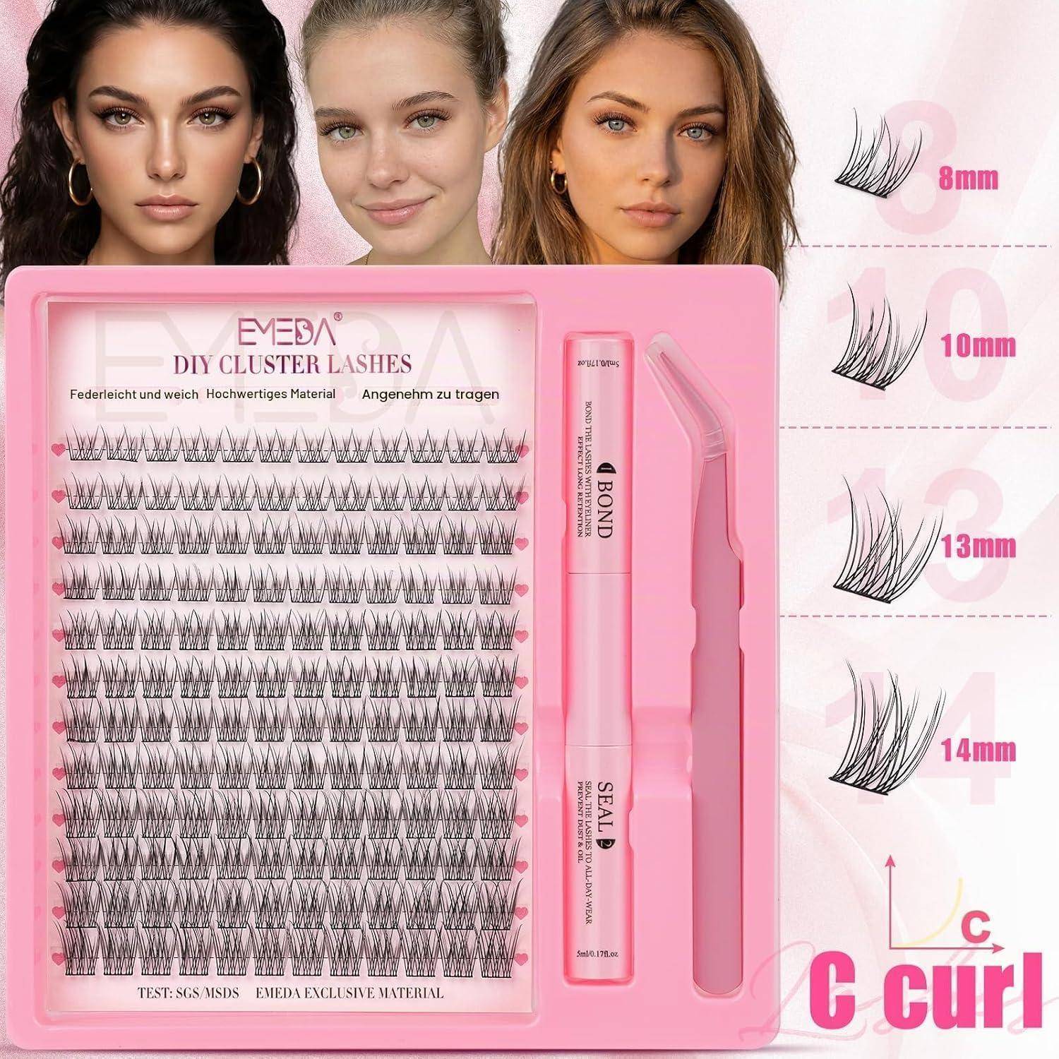 Rosa Wimpernverlängerungsset mit Clusterwimpern, Kleber- und Versiegler-Applikator und Lockenlängen-Anleitung mit 8mm, 10mm, 13mm und 14mm Stilen.