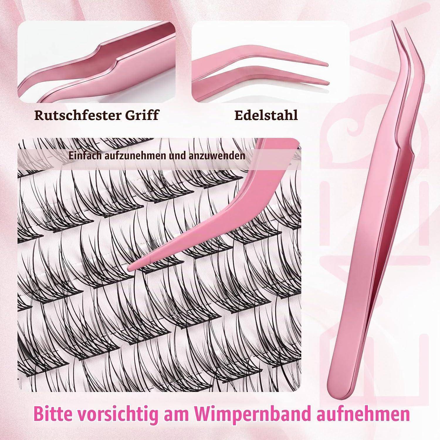 Rosa Edelstahl-Wimpernverlängerungspinzetten mit rutschfestem Griff, oben abgebildet neben Wimpernstreifen; der Text besagt, dass sie leicht zu handhaben sind und die Wimpernbinde vorsichtig zu behandeln ist.