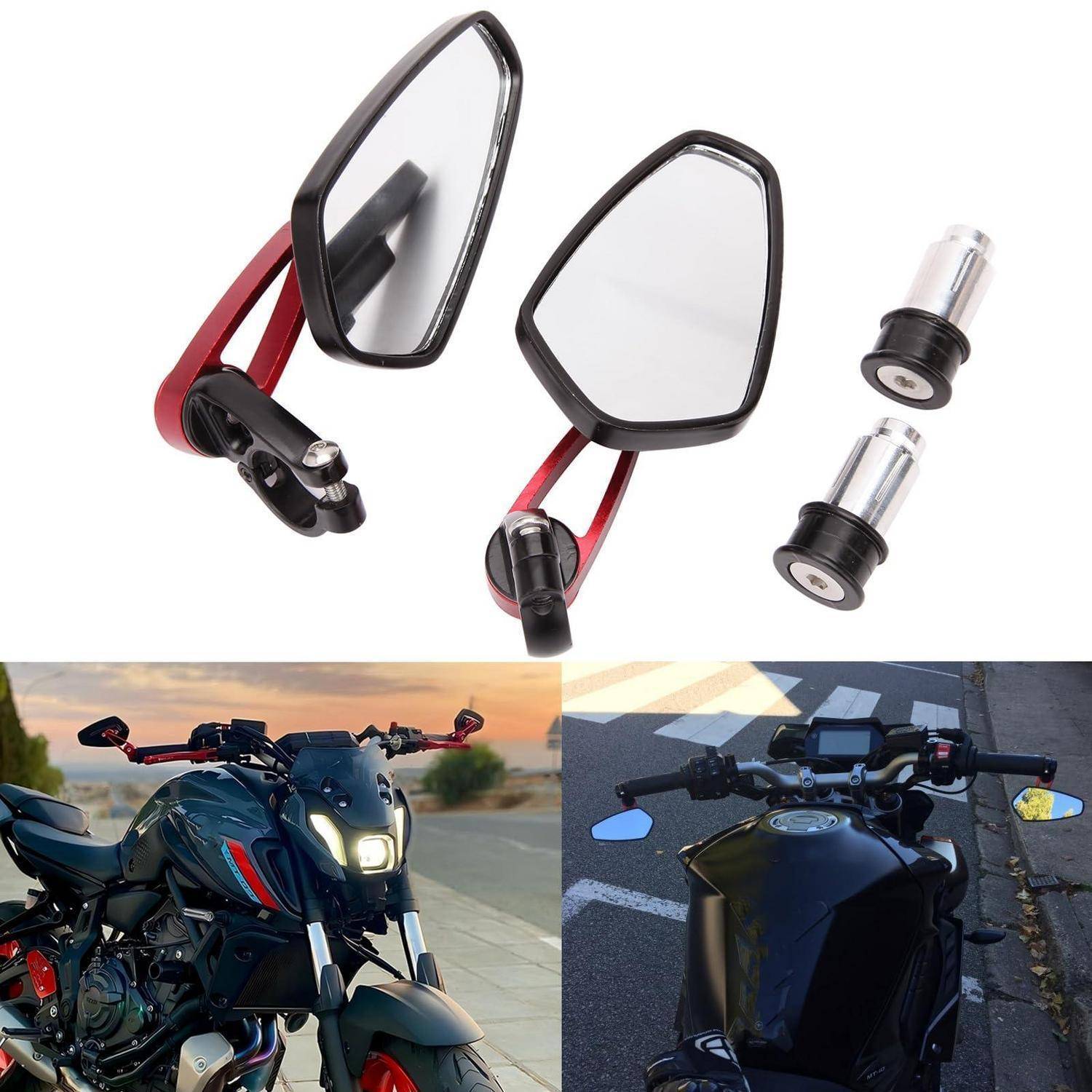 Motorrad-Lenkergriffe mit Spiegeladaptern, oben gezeigt Installationsbeispiele an einem Motorrad aus Seiten- und Fahrerblickwinkel.