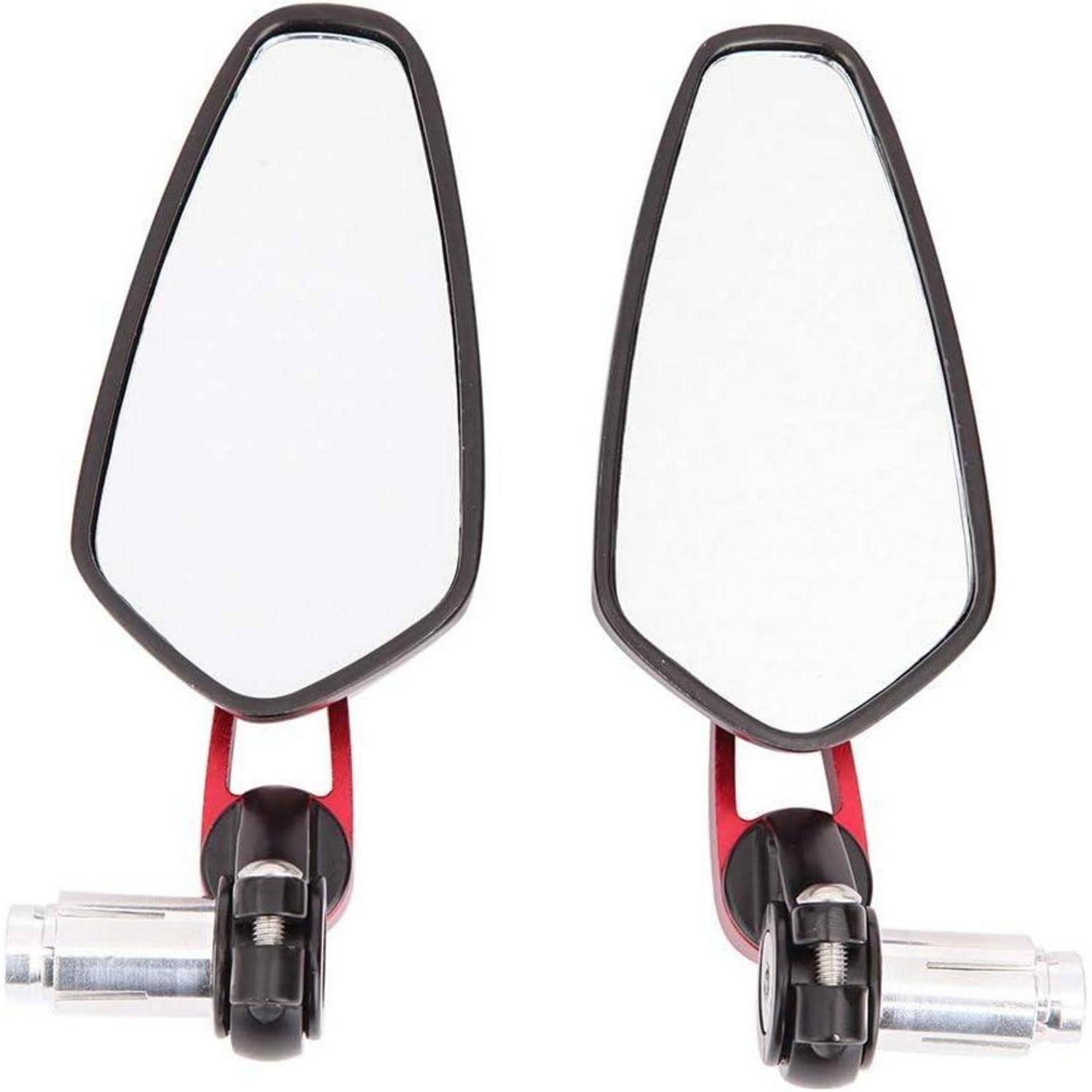 Paar Motorrad-Lenkerrspiegel mit schwarzen Rahmen, roten Halterungen und klaren reflektierenden Oberflächen auf weißem Hintergrund.