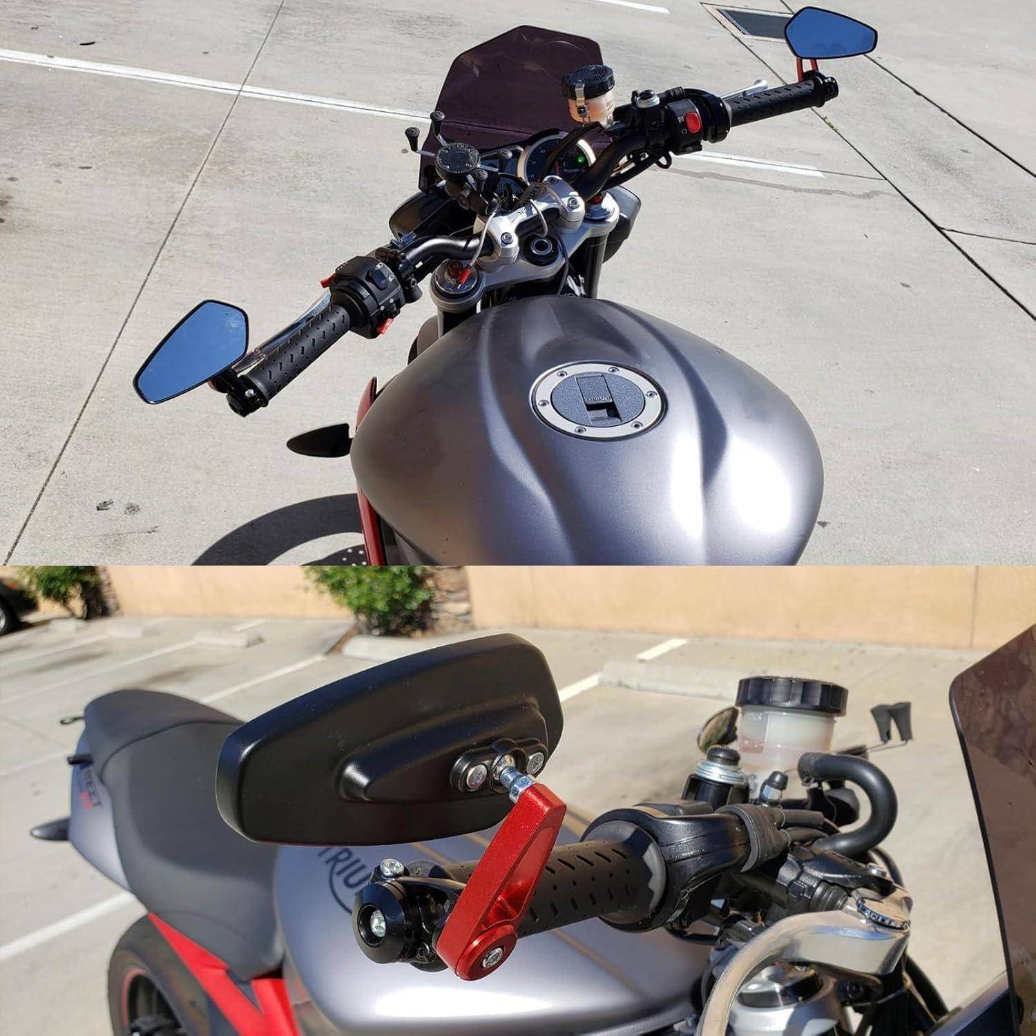 Zwei Ansichten einer Motorrad-Cockpitverkleidung und eines Benzintanks mit blauen Spiegeln, schwarzen Lenkerstangen und einem roten Bedienungshebel auf der rechten Seite.