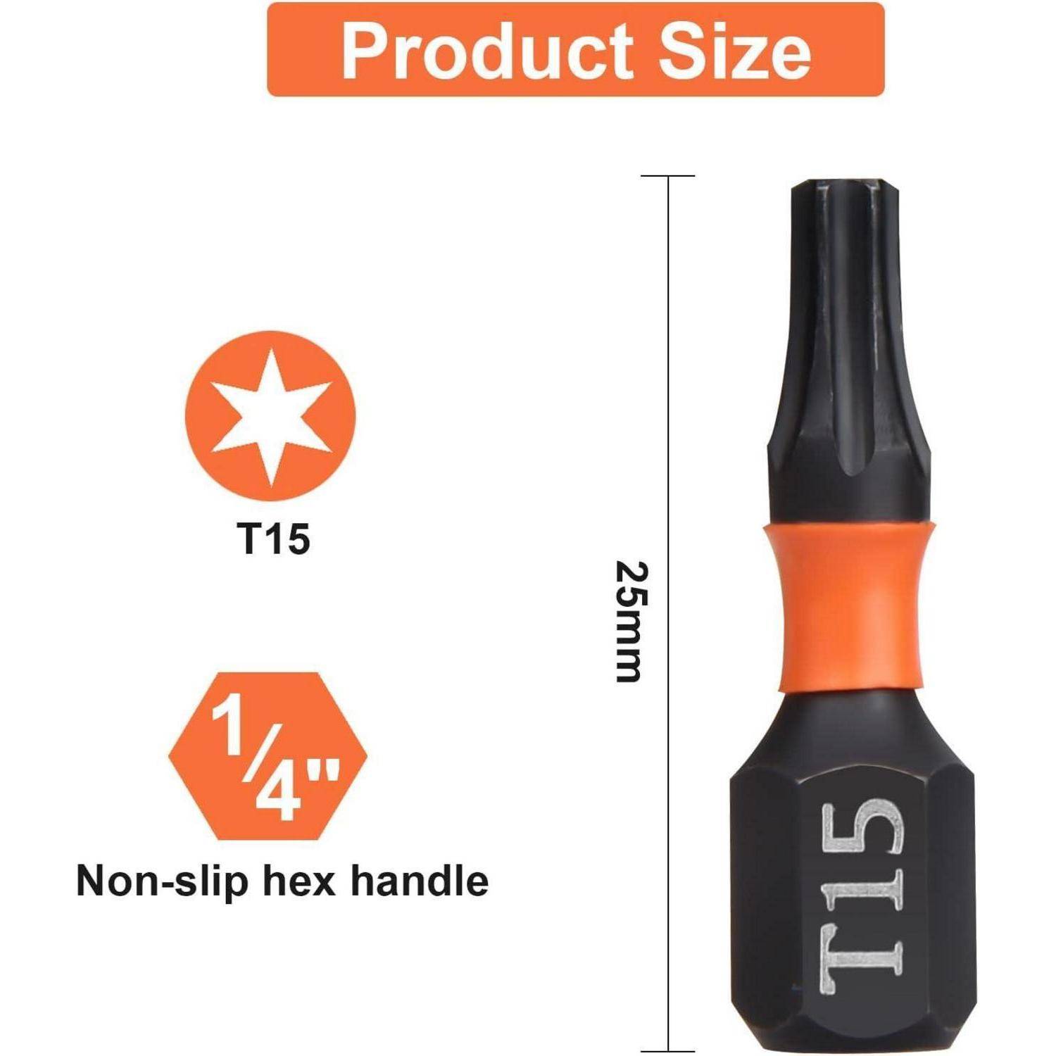 Produktgrößengrafik mit einem T15-Schraubendreherbit, 25 mm lang, mit einem rutschfesten 1/4-Zoll-Sechskantgriff.