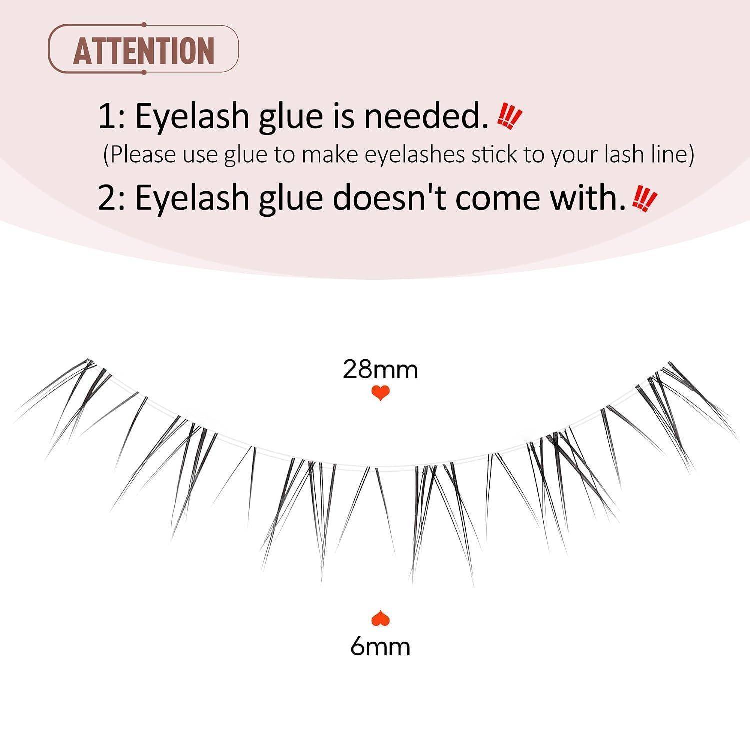 Künstliche Wimpernstreifen, 28 mm lang und 6 mm dick, mit dem Hinweis, dass Wimpernkleber erforderlich ist und nicht im Lieferumfang enthalten ist.