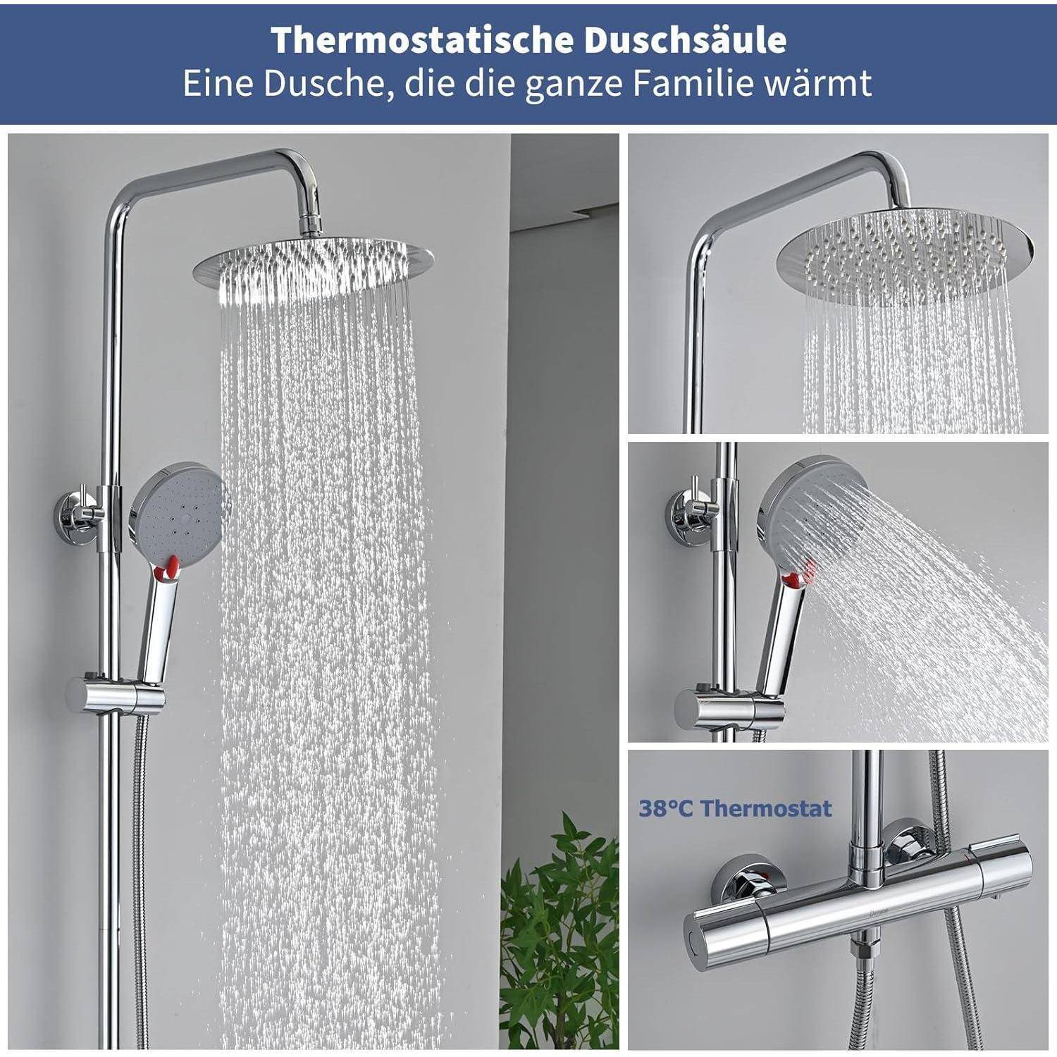 Werbebild einer thermostaten Duschsäule mit rundem Kopfbrausen-Regenduschkopf, Handbrause und 38°C-Thermostat, dargestellt in mehreren Nahaufnahmen.