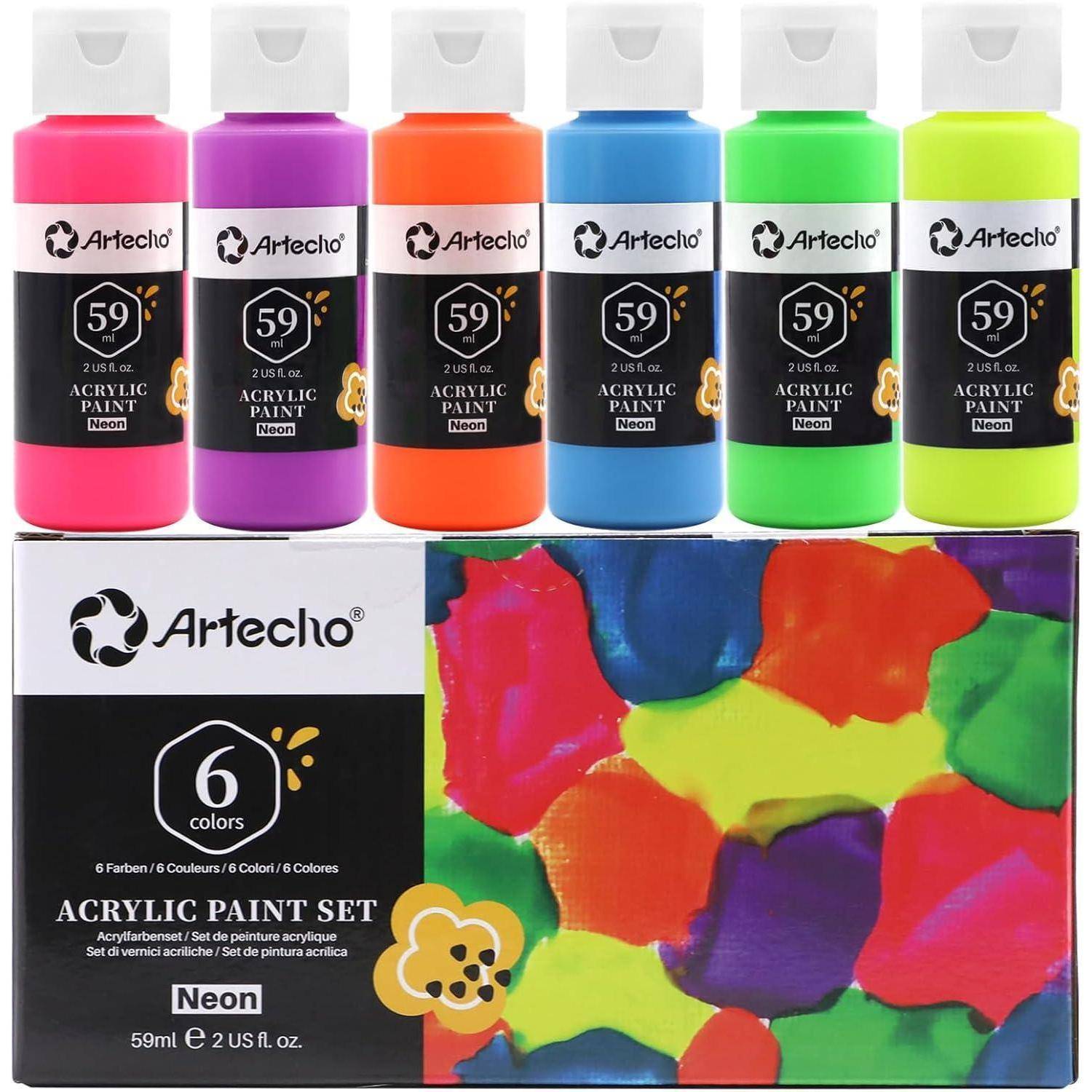 Artecho Neon-Acrylfarben-Set mit sechs 59-ml-Flaschen in leuchtendem Rosa, Lila, Orange, Blau, Grün und Gelb sowie passendem Karton.