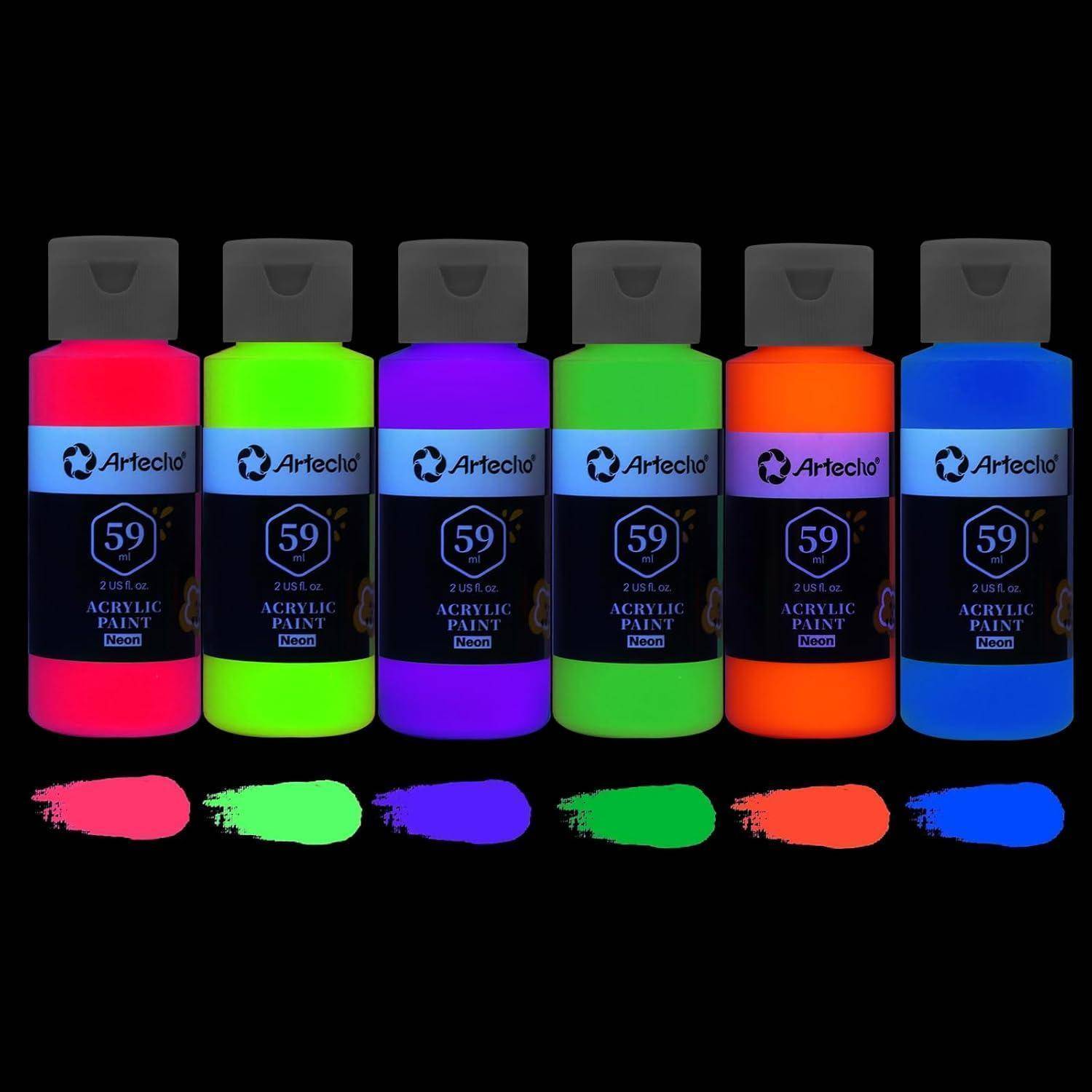 Sechs neon-Acrylfarben in Rosa, Grün, Lila, Limette, Orange und Blau mit entsprechenden Farbmustern darunter.