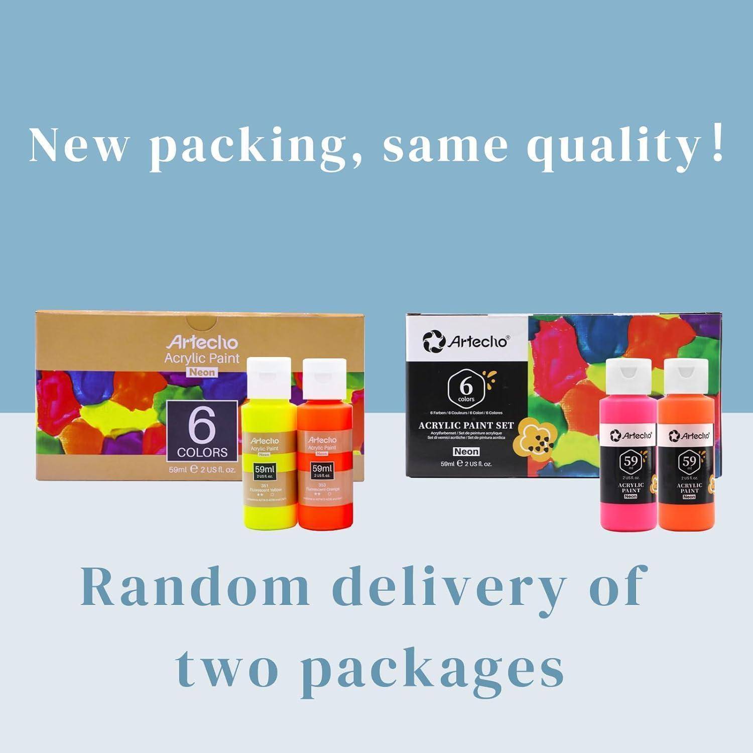 Werbebild mit Artechlo Acrylfarben-Sets in zwei verschiedenen Paketdesigns mit dem Text „Neue Verpackung, gleiche Qualität!