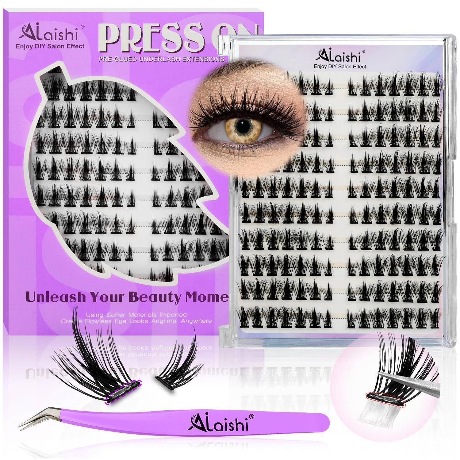 Produktbild von Ailaishi Stick-on Wimpernverlängerungen mit falschen Wimpern in einer violetten Verpackung, zeigt mehrere Wimpernschalen, eine Nahaufnahme des Auges, Applikator-Pinzetten und ein Wimpern-Applikationswerkzeug