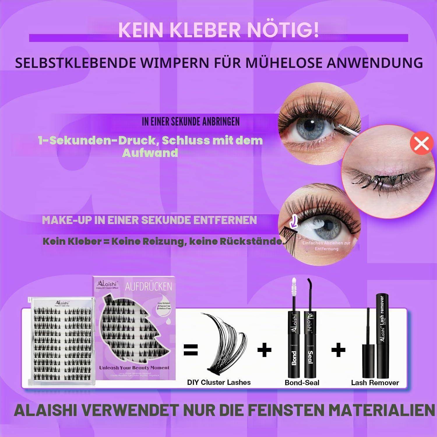 Lila deutsche Anzeige für selbstklebende künstliche Wimpern, die einfache Anwendung, Entfernung, Vorher-Nachher-Nahaufnahmen der Augen und Produktmaterialien zeigt.