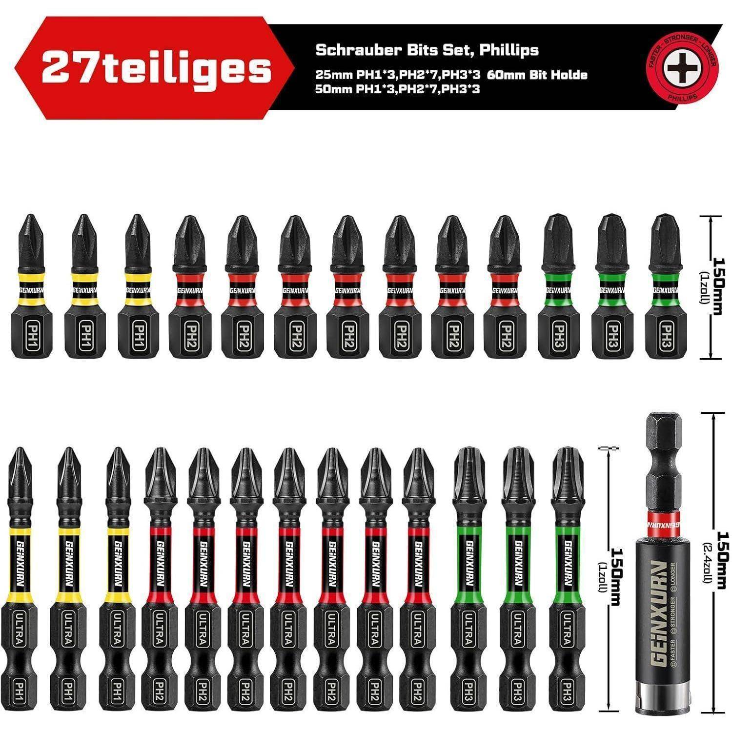 Phillips-Schraubendreher-Bitset, 27 Teile, zeigt mehrere PH-Größen und Längen in Reihen angeordnet mit Größenetiketten und einem Aufbewahrungsbehälter.