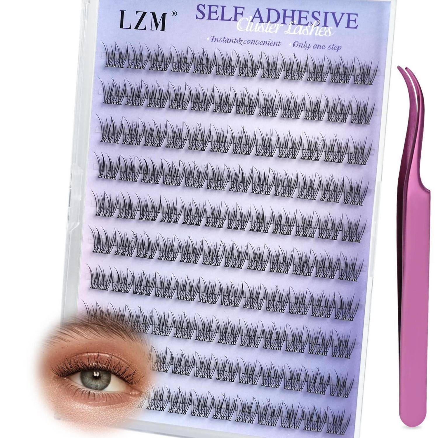 Paket mit LZM selbstklebenden falschen Wimpern mit rosa Applikator-Pinzette und eine Nahaufnahme des Auges, die die Wimpernwirkung zeigt.