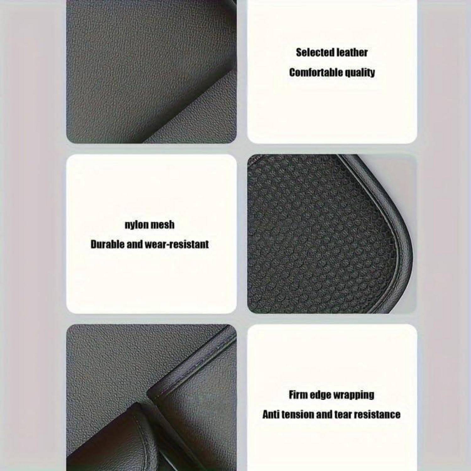 Collage von Nahaufnahmen von Sitzmaterialien mit den Beschriftungen „Ausgewähltes Leder