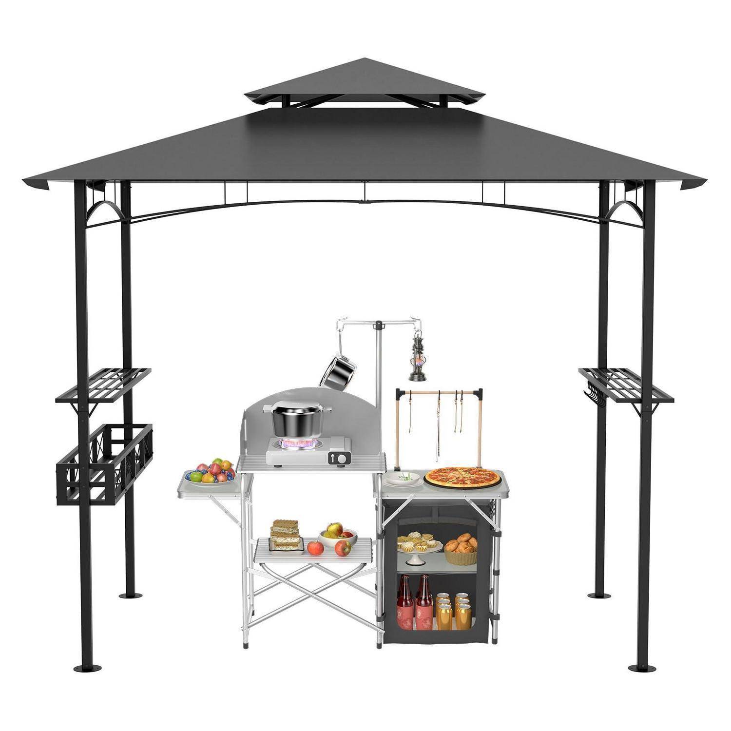 Grillfläche im Freien im Pavillon-Stil mit einem Grillrost, Arbeitstisch, hängender Laterne, Regalen und Tabletts für Lebensmittel unter einem schwarzen Baldachin.