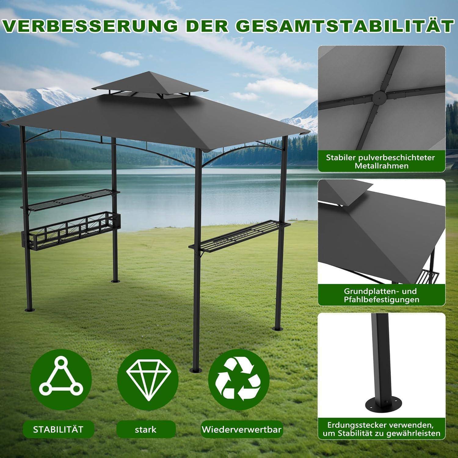 Illustration einer Metallgartenlaube mit Dach, Bänken und schaukelartigen Sitzen, gekennzeichnet als Verbesserung der Gesamtstabilität; eingefügte Hinweismeldungen zeigen pulverbeschichtete Rahmen, Basis-/Pfahlbefestigungen und Bodenverankerung für Stabilität.