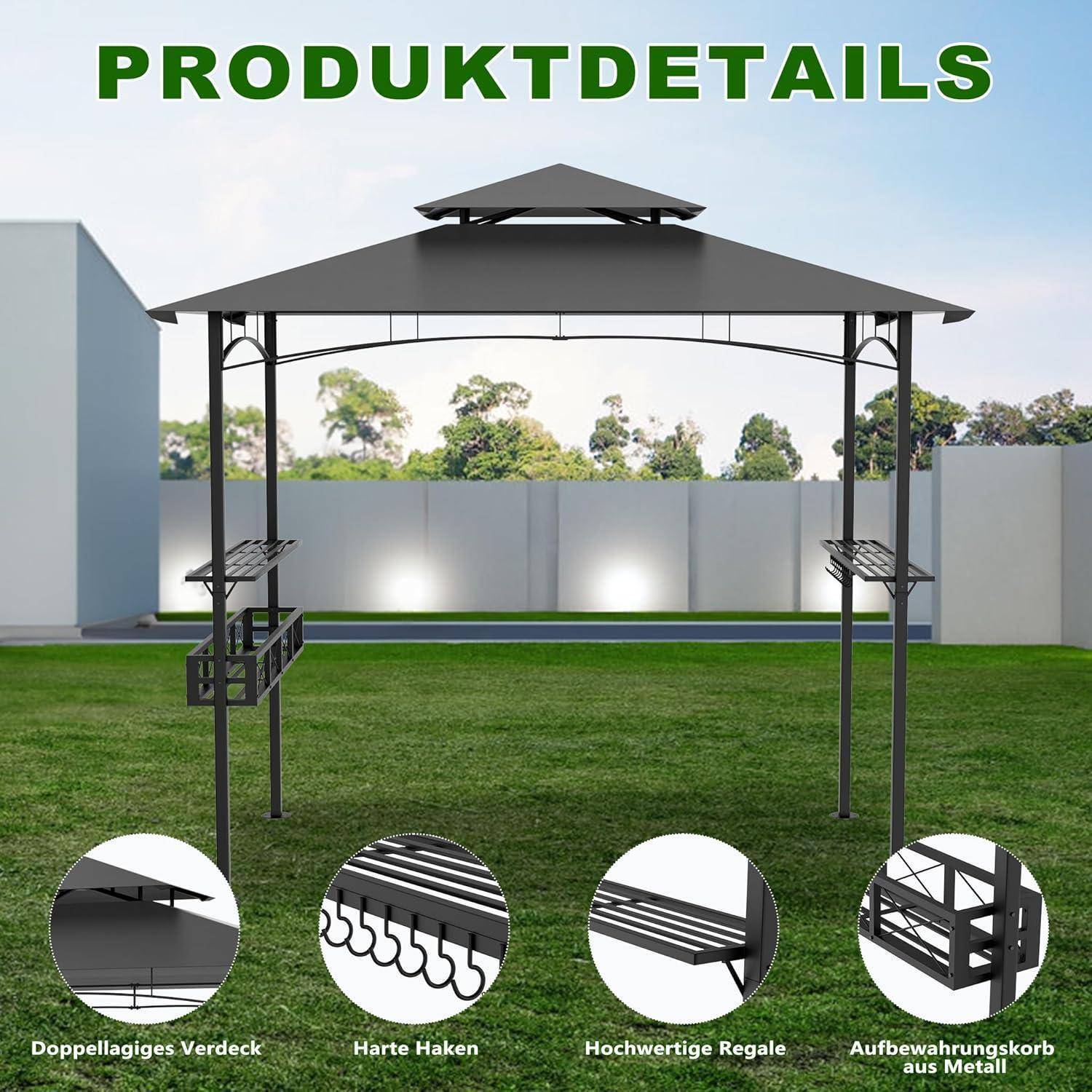 Produktdetails einer Metalllaube mit Doppeldach, stabilen Haken, Regalen und einem Korb zur Aufbewahrung, gezeigt in einer Gartenumgebung.