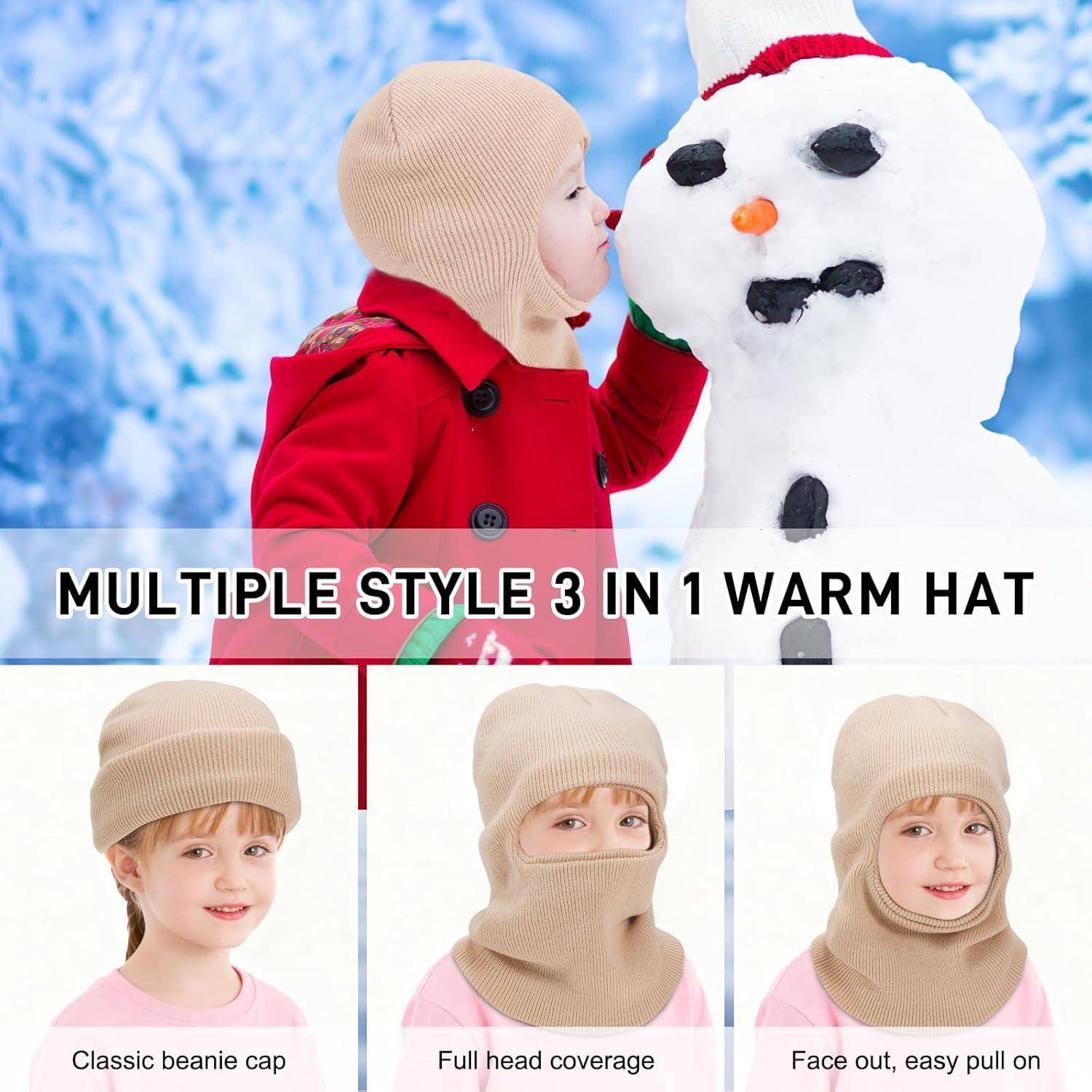 Winterkleidungsanzeige mit einem Kind in einem roten Mantel, das eine beige 3-in-1 Wärmemütze trägt, mit eingeblendeten Ansichten mit den Bezeichnungen „Klassische Wollmütze", „Vollständige Kopfbedeckung"" und „Gesicht offen, einfaches Anziehen"".