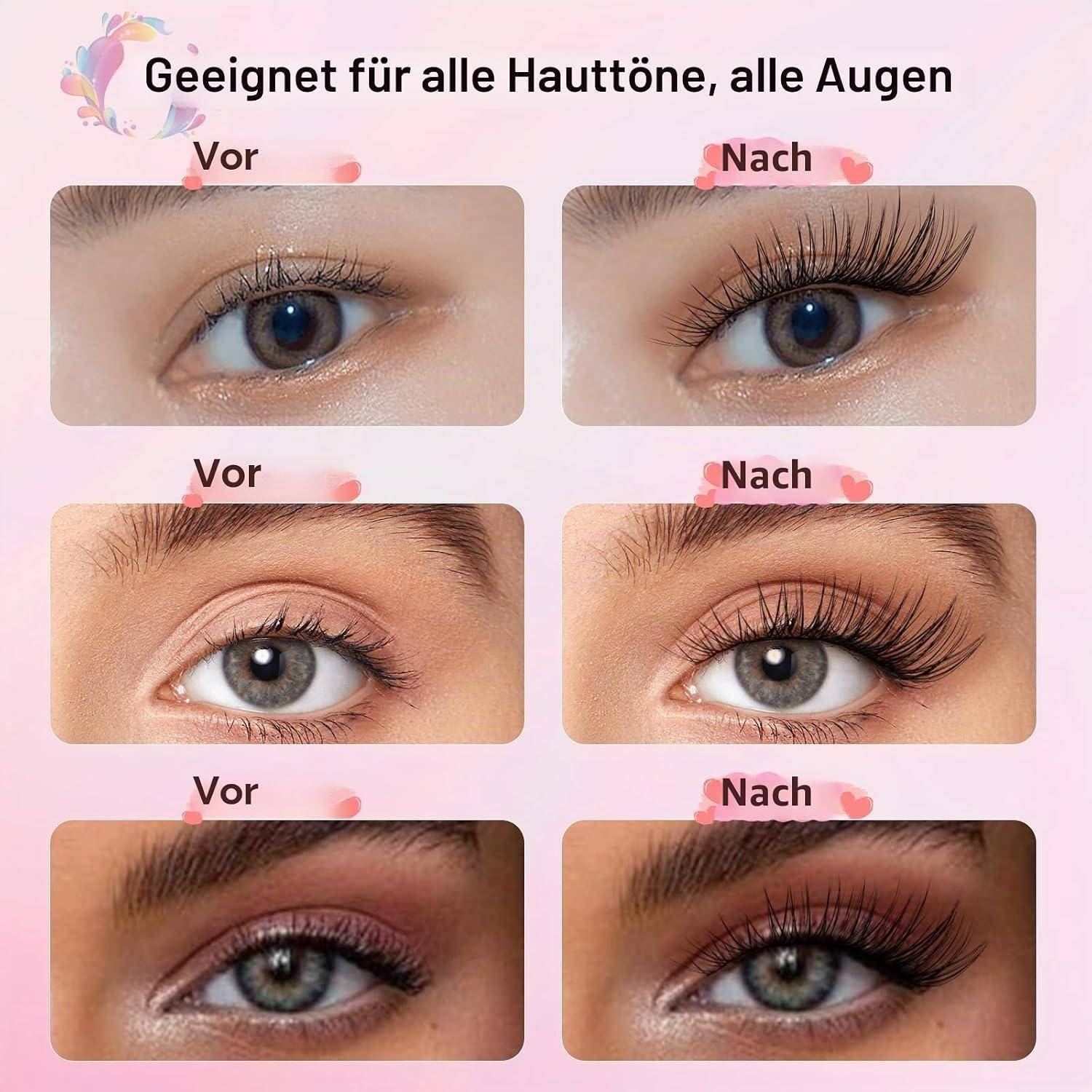 Vorher-und-Nachher-Demo für Wimpernmakeup an den Augen von drei Frauen, mit deutschem Text „Geeignet für alle Hauttöne, alle Augen