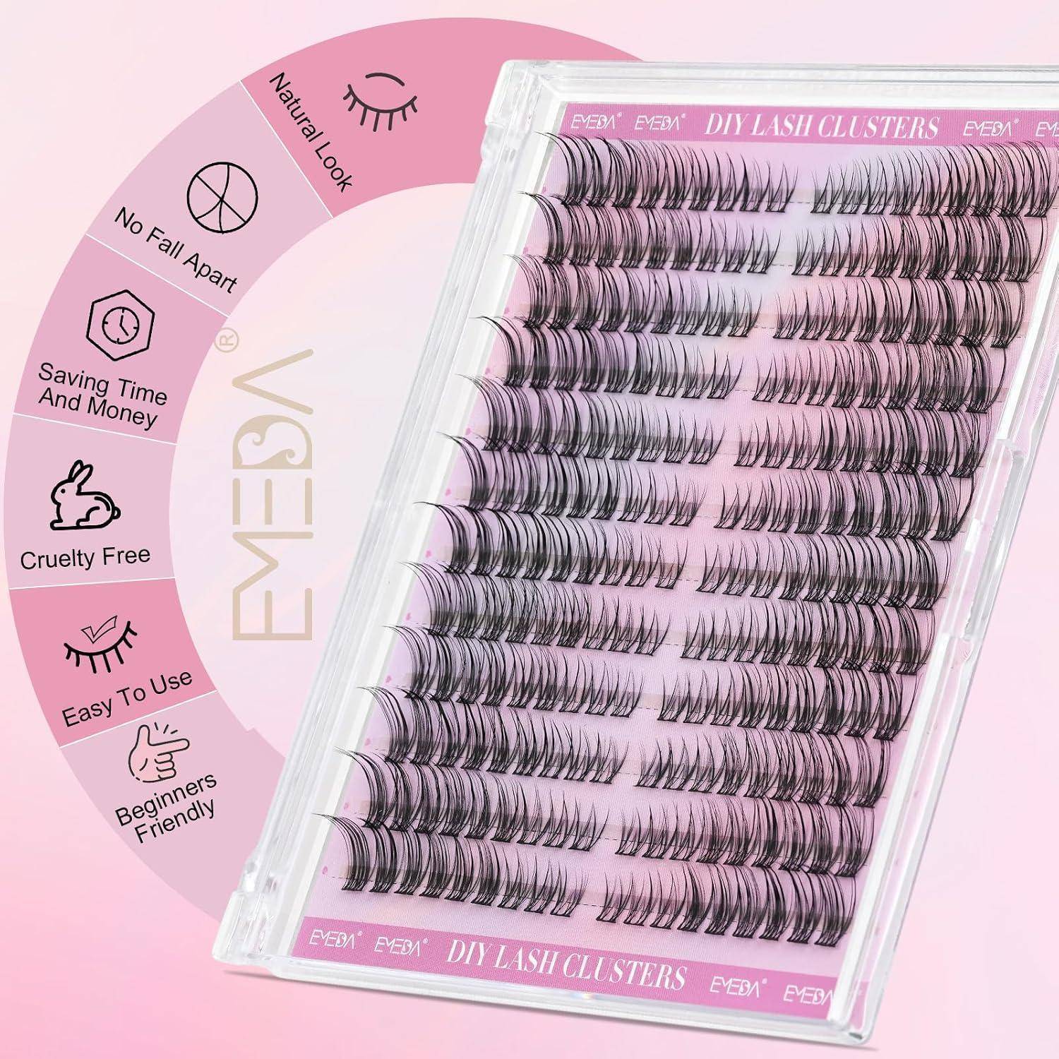 Rosa Packung von DIY-Wimpern-Clustern, gezeigt mit einer kreisförmigen Funktionsgrafik, die natürliches Aussehen, kein Auseinanderfallen, Zeit- und Geldersparnis, Cruelty-Free, einfache Anwendung und anfängerfreundlich hervorhebt.