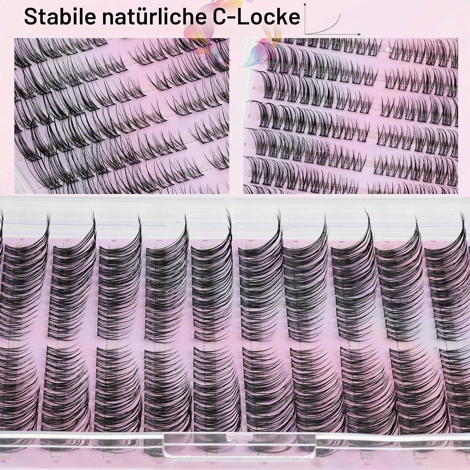 Anzeige von künstlichen Wimpernverlängerungen mit dem deutschen Titel 'Stabile natürliche C-Locke', die geschwungene Wimpernlocken in Schwarz auf rosa Verpackung zeigt