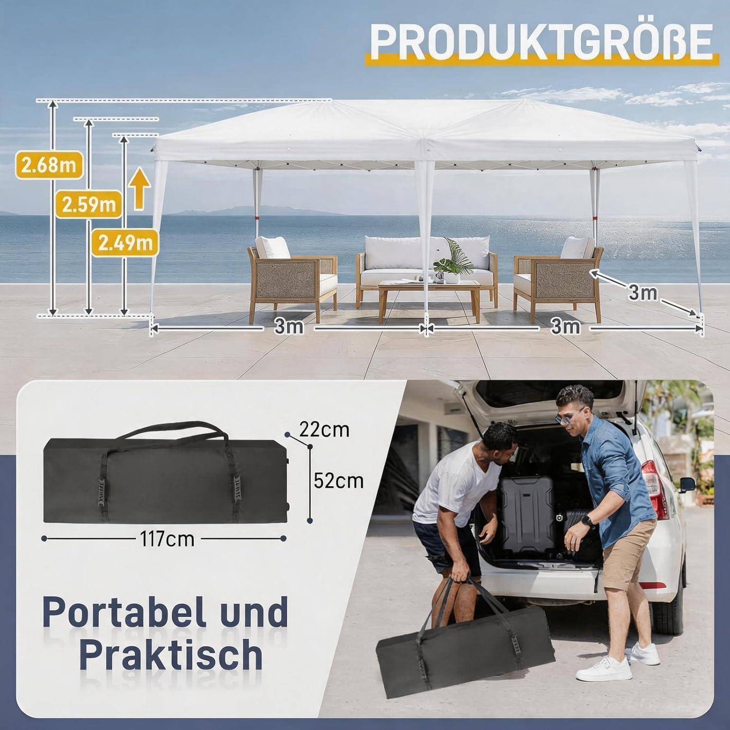 Produktgrößen-Infografik zeigt einen weißen Außenmarkisen und ihre Tasche: Markisenhöhen 2,49 m, 2,59 m, 2,68 m, Spannweiten 3 m Abschnitte; Tragetasche misst 117 x 52 x 22 cm.