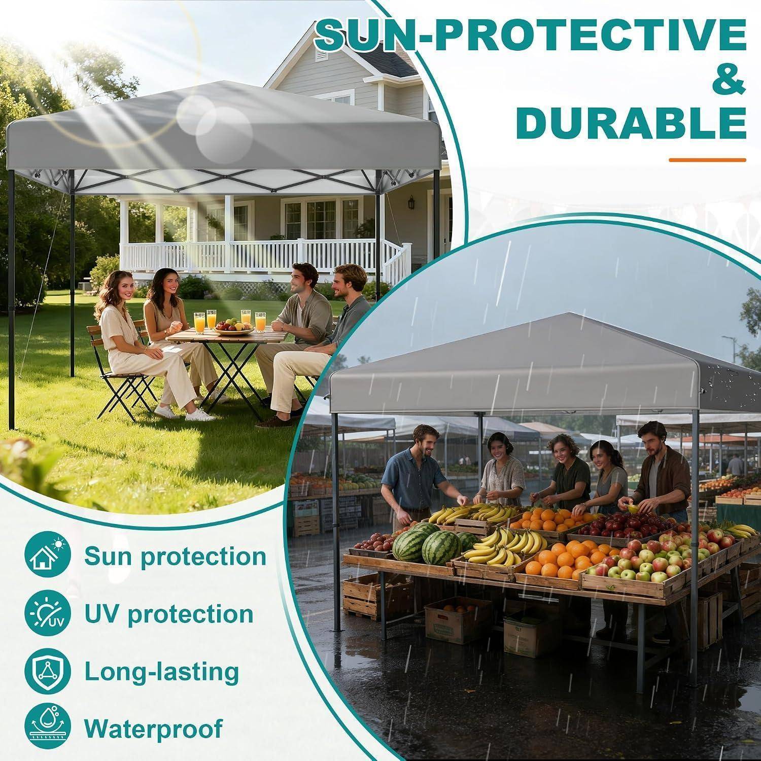 Werbegrafikzeigt ein graues Zeltdach in Sonne und Regen, mit dem Etikett „SONNENSCHUTZ & LANGLEBIG" mit Vorteilen: Sonnenschutz, UV-Schutz, langlebig, wasserdicht.