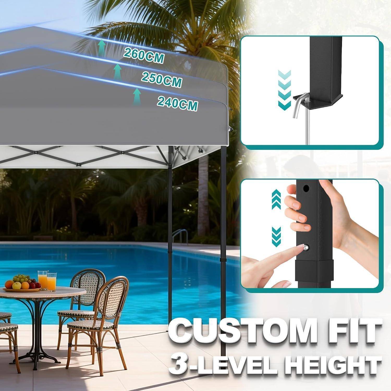 Werbebild eines Poolside-Baldachins mit „CUSTOM FIT 3-LEVEL HEIGHT"; eingefügte Nahaufnahmen zeigen verstellbare Pfahleinstellungen und eine Verriegelungsstift.
