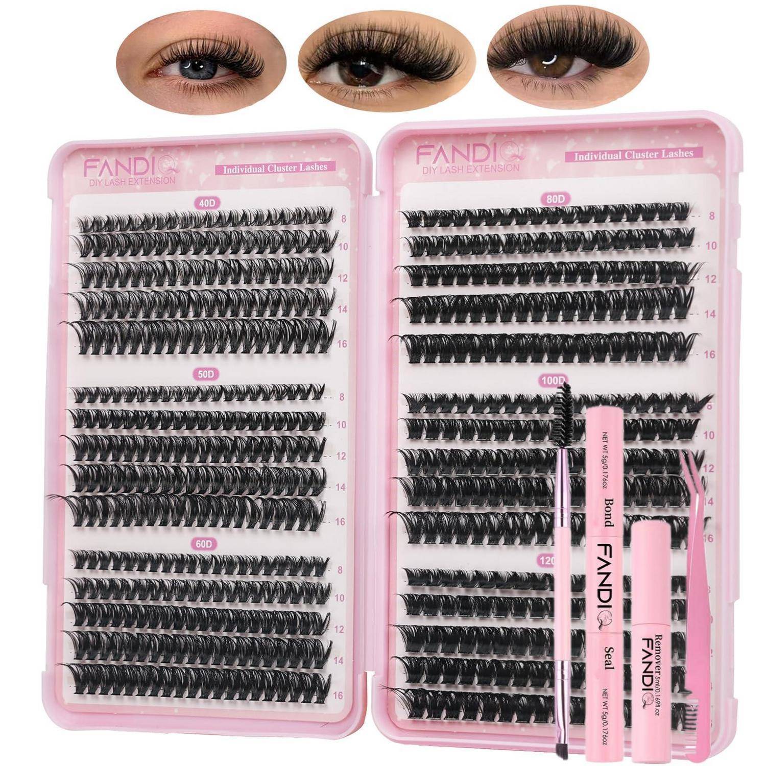 Pink FANDI Wimpernverlängerungs-Set mit mehreren Reihen künstlicher Wimpern, drei Augenbeispiele oben und Applikator-Werkzeuge im Koffer.