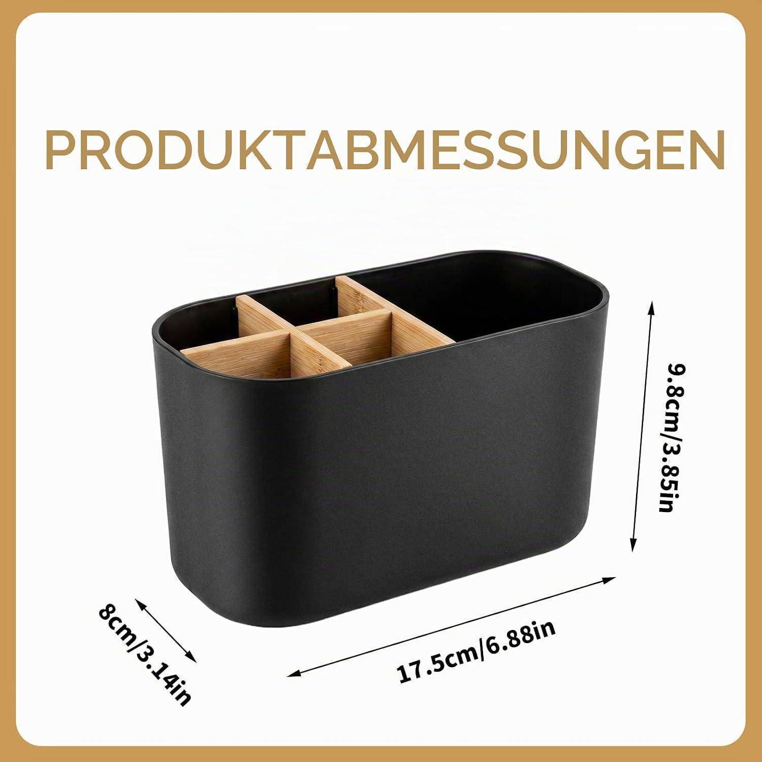 Produktabmessungen-Diagramm eines schwarzen ovalen Behälters mit Holztrennwänden: 17,5 cm lang, 8 cm breit, 9,8 cm hoch.